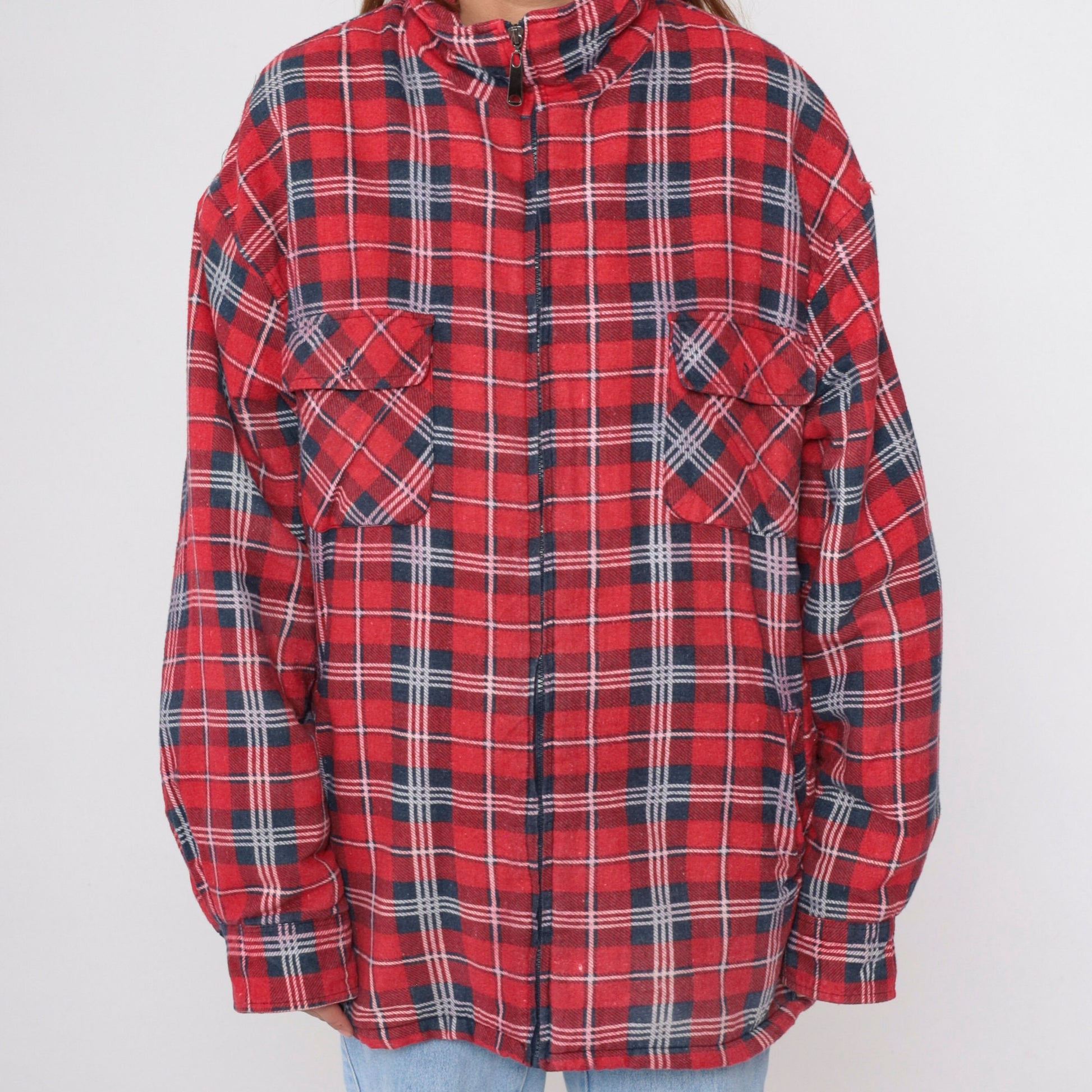 90s Red Plaid Zip Jacket Sherpa Lined Flannel Shacket Extra Large XL
