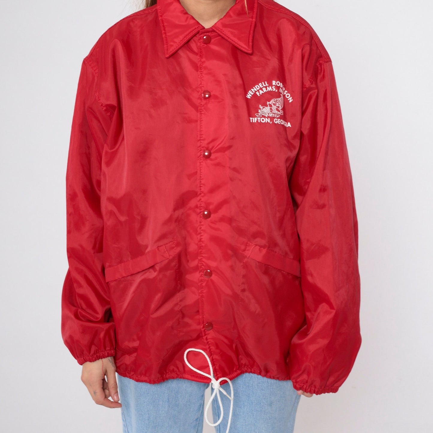80s Wendell Roberson Farms Tifton Georgia Snap Windbreaker Jacket Red Large L