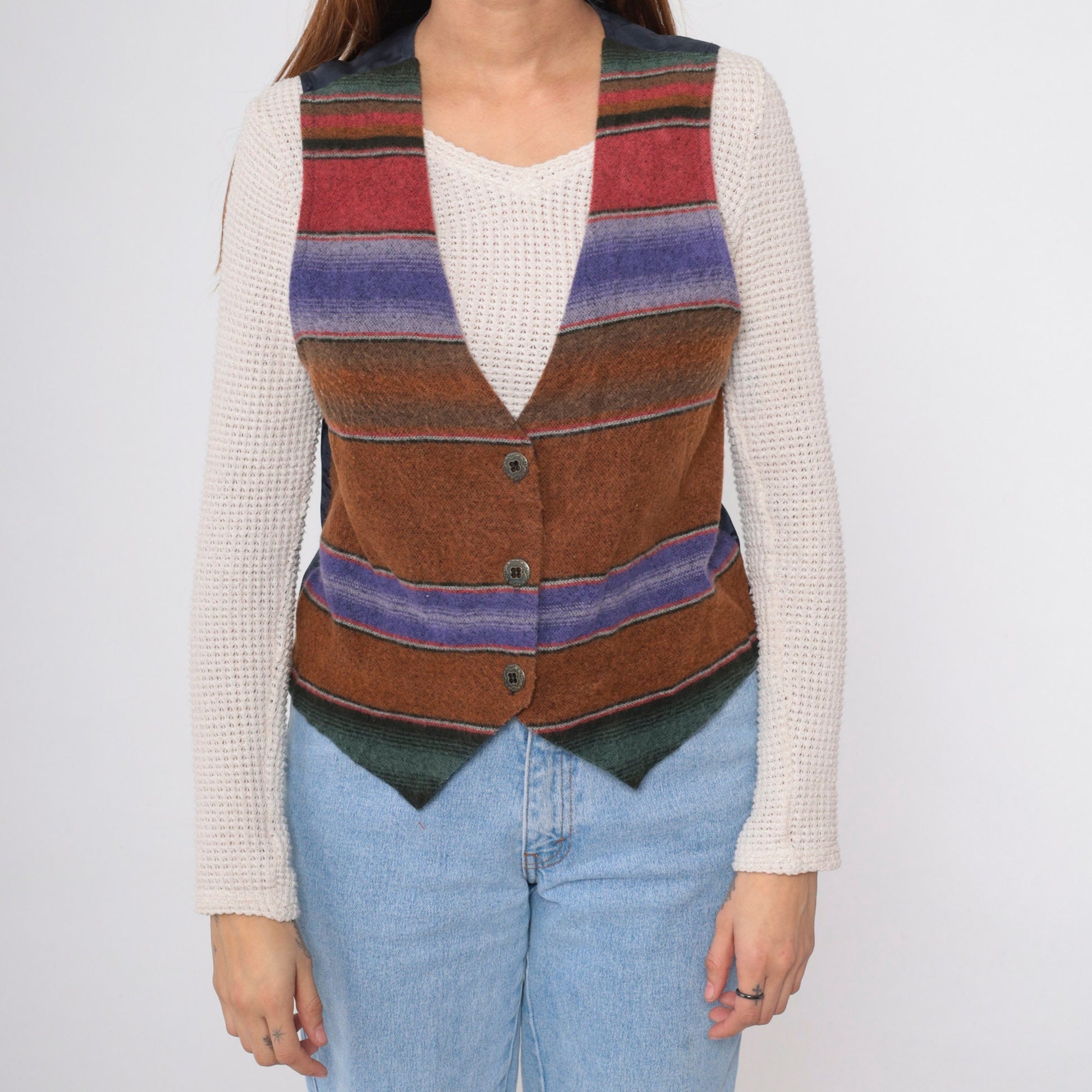 90s Fritzi Sport Southwestern Vest Brown Striped Button-Up Medium