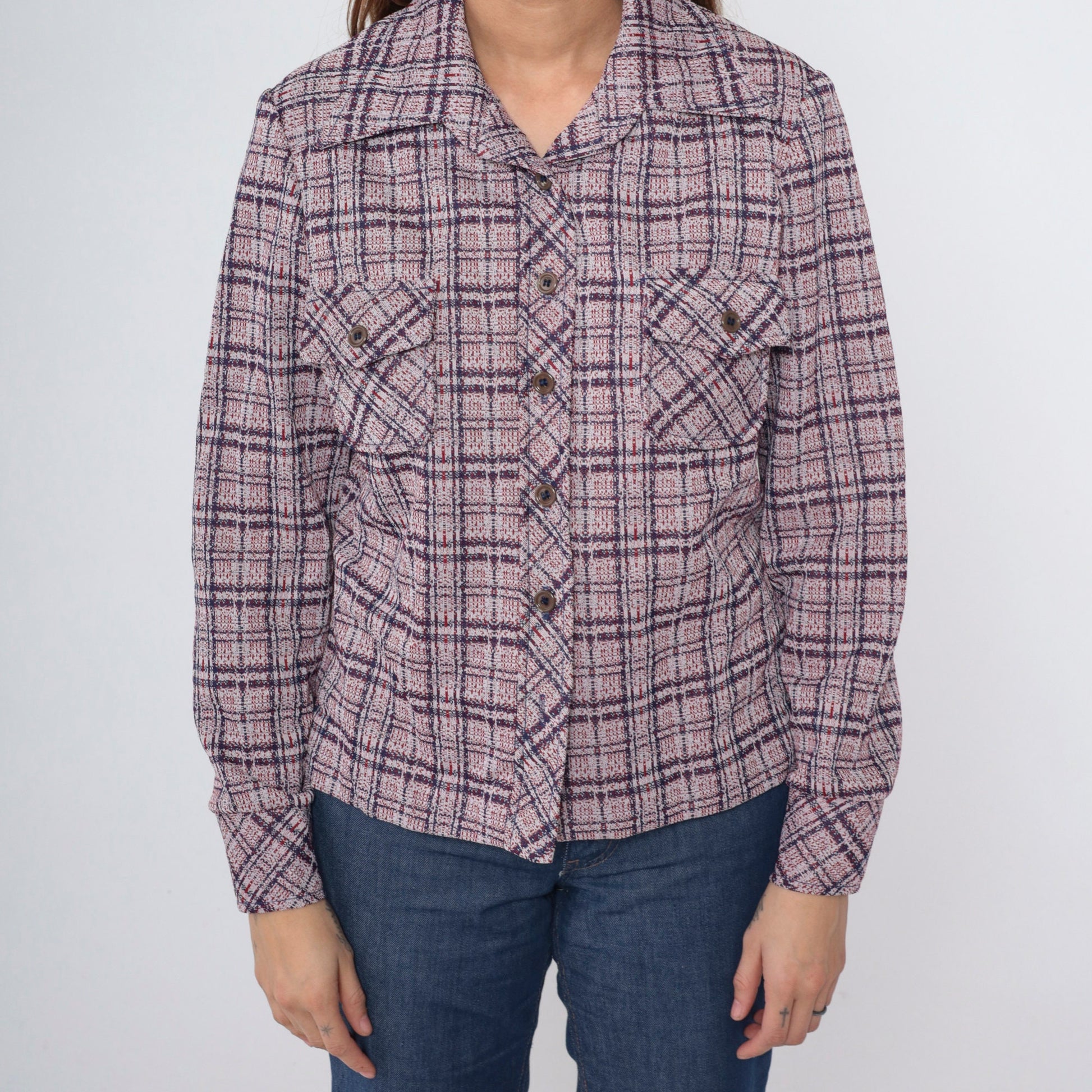 70s Act II Plaid Button-Up Shirt Red Blue Tartan Chest Pocket Medium