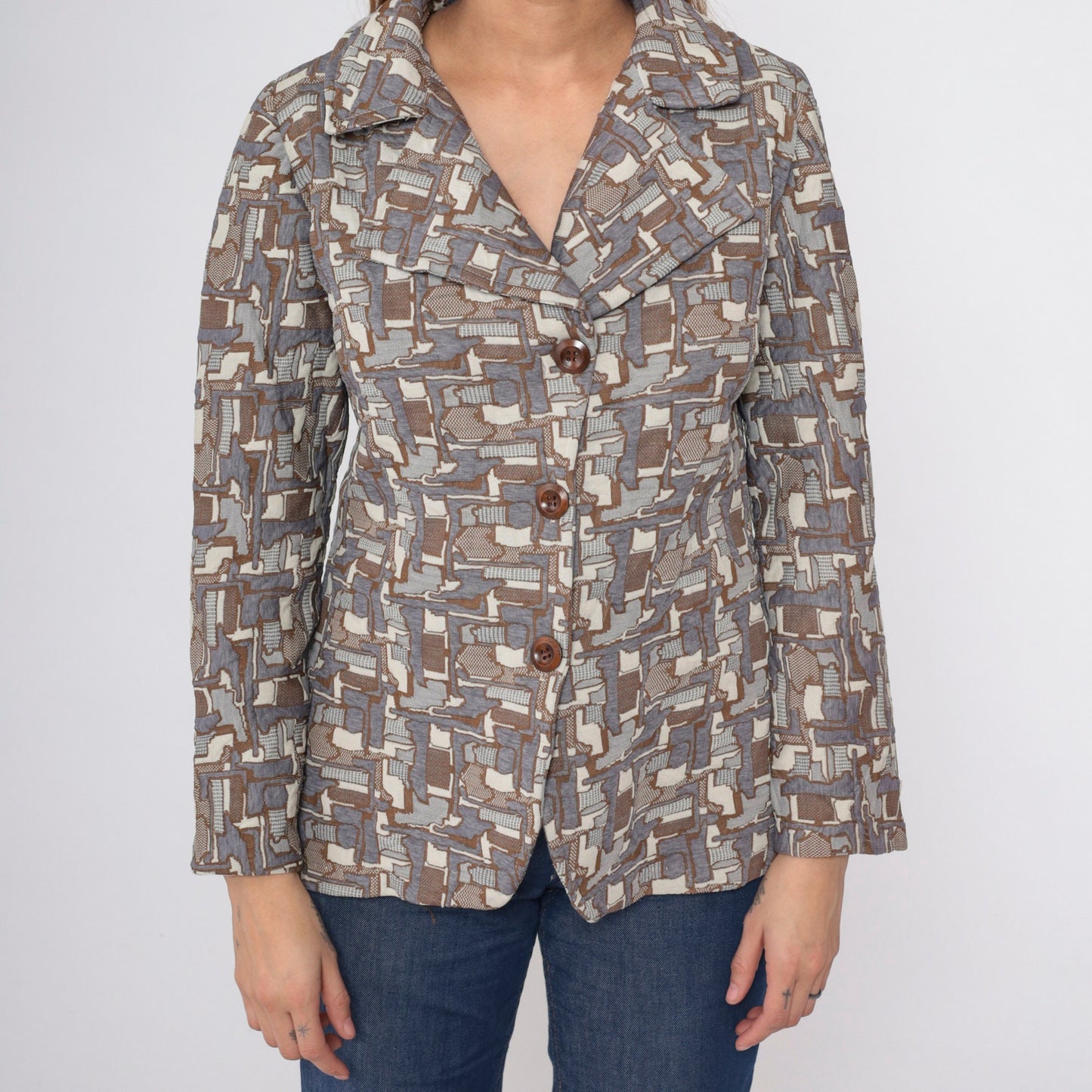 70s Geometric Tessellation Blazer Notched Collar Brown Grey White Medium