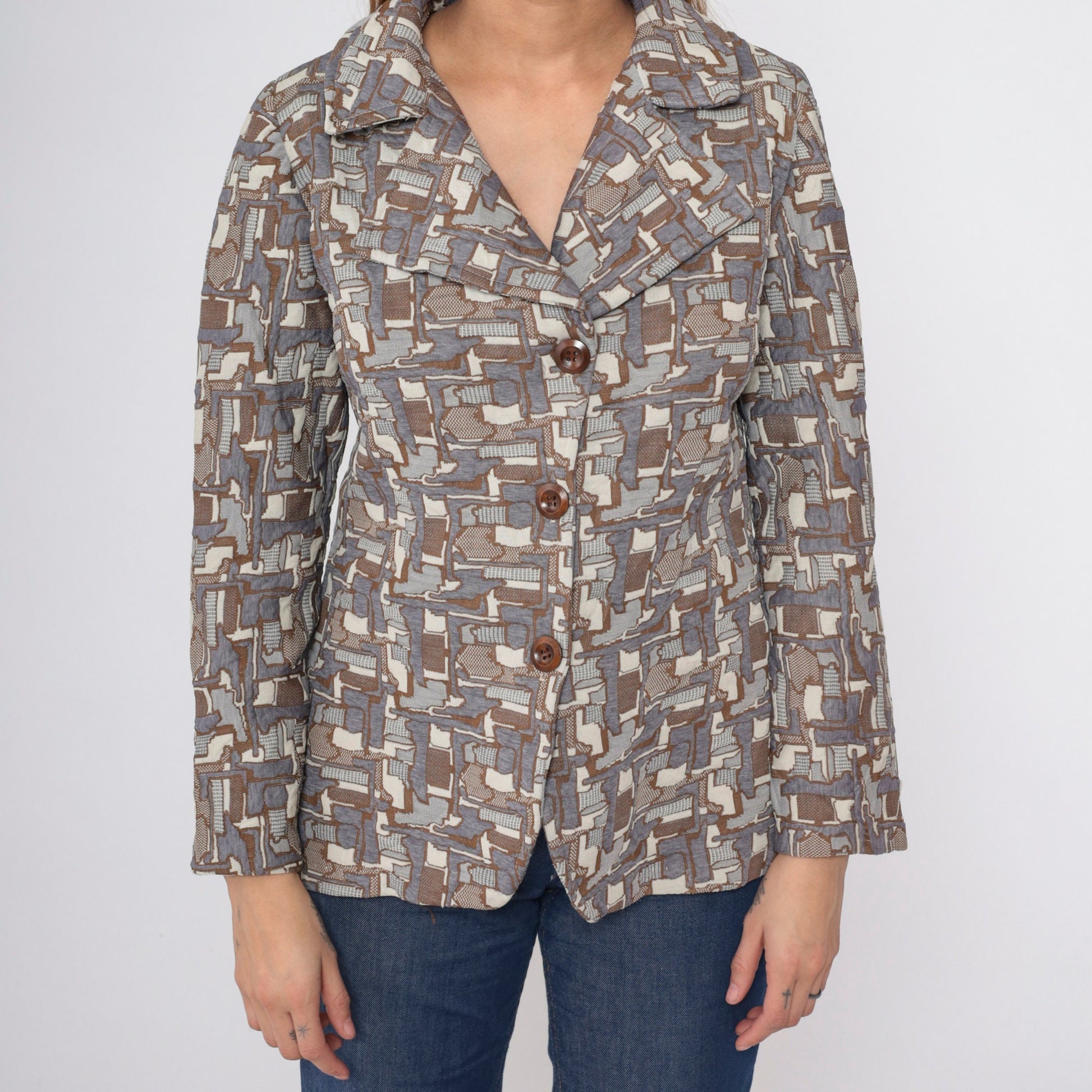 70s Geometric Tessellation Blazer Notched Collar Brown Grey White Medium