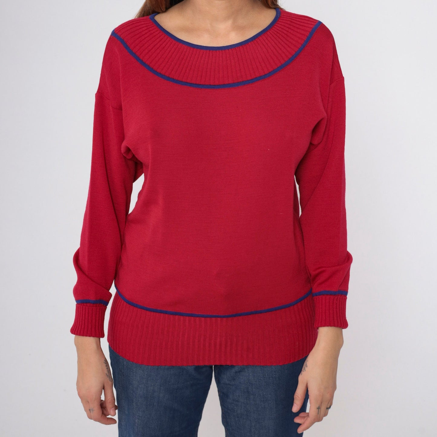 70s Goldworm Cherry Red Wool Sweater Blue Ringer Neck Pullover Small