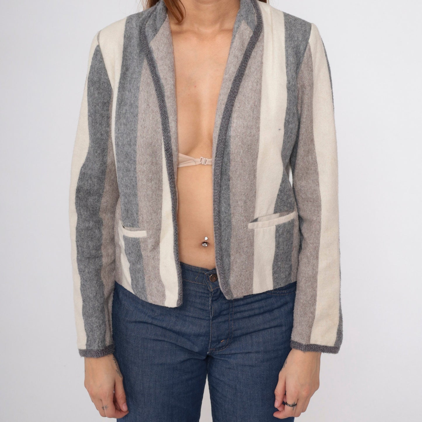 80s Striped Wool Blend Blazer Open Front Jacket Grey Brown Cream Small Medium