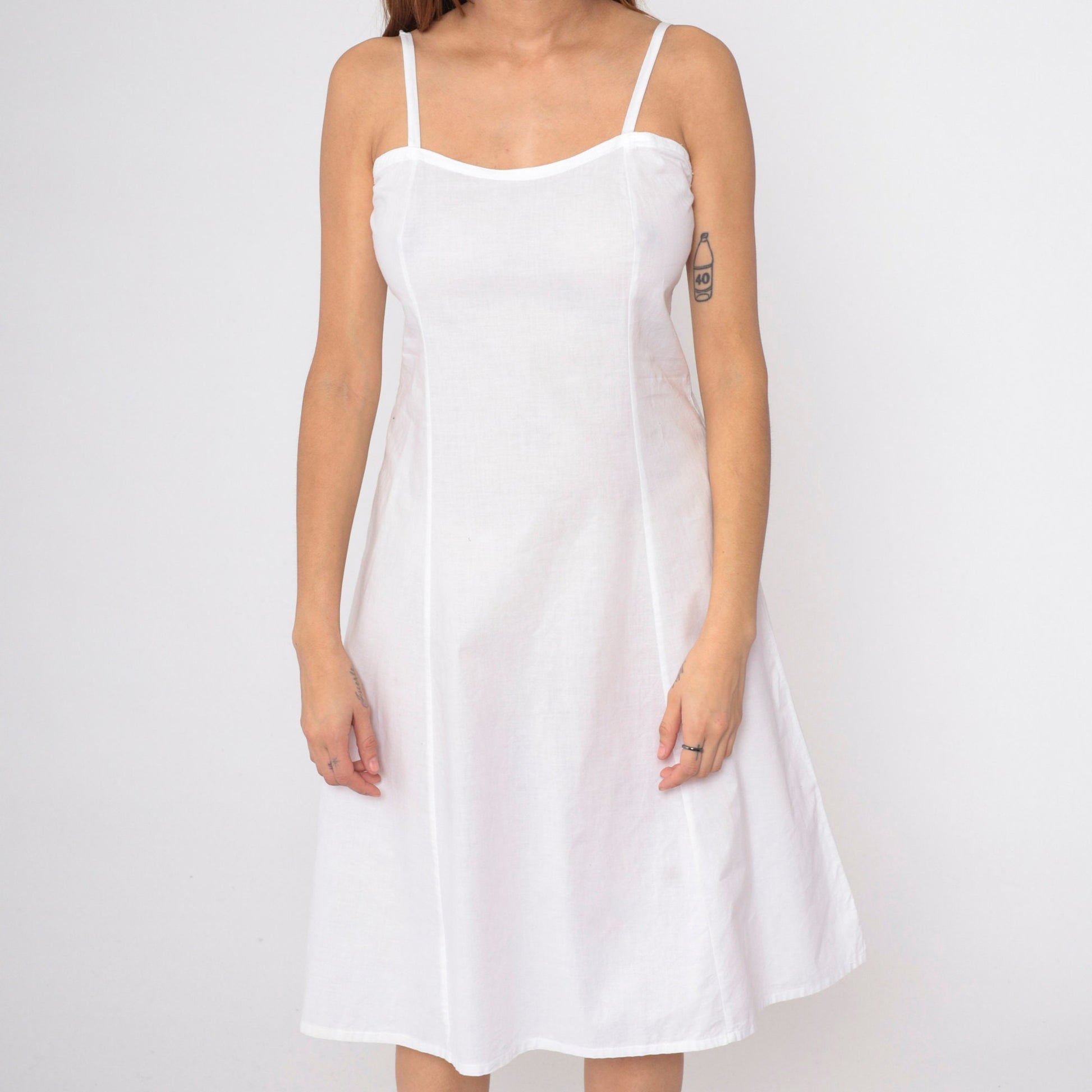 80s White Spaghetti Strap Midi Sundress Princess Seam Small