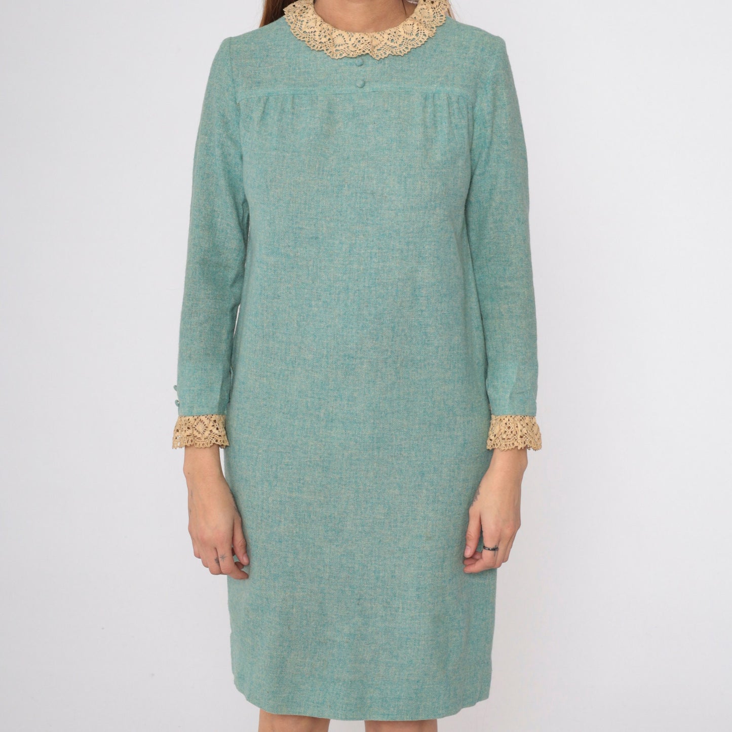 60s Mod Shift Dress Seafoam Wool Blend Lace Collar Long Sleeve Small