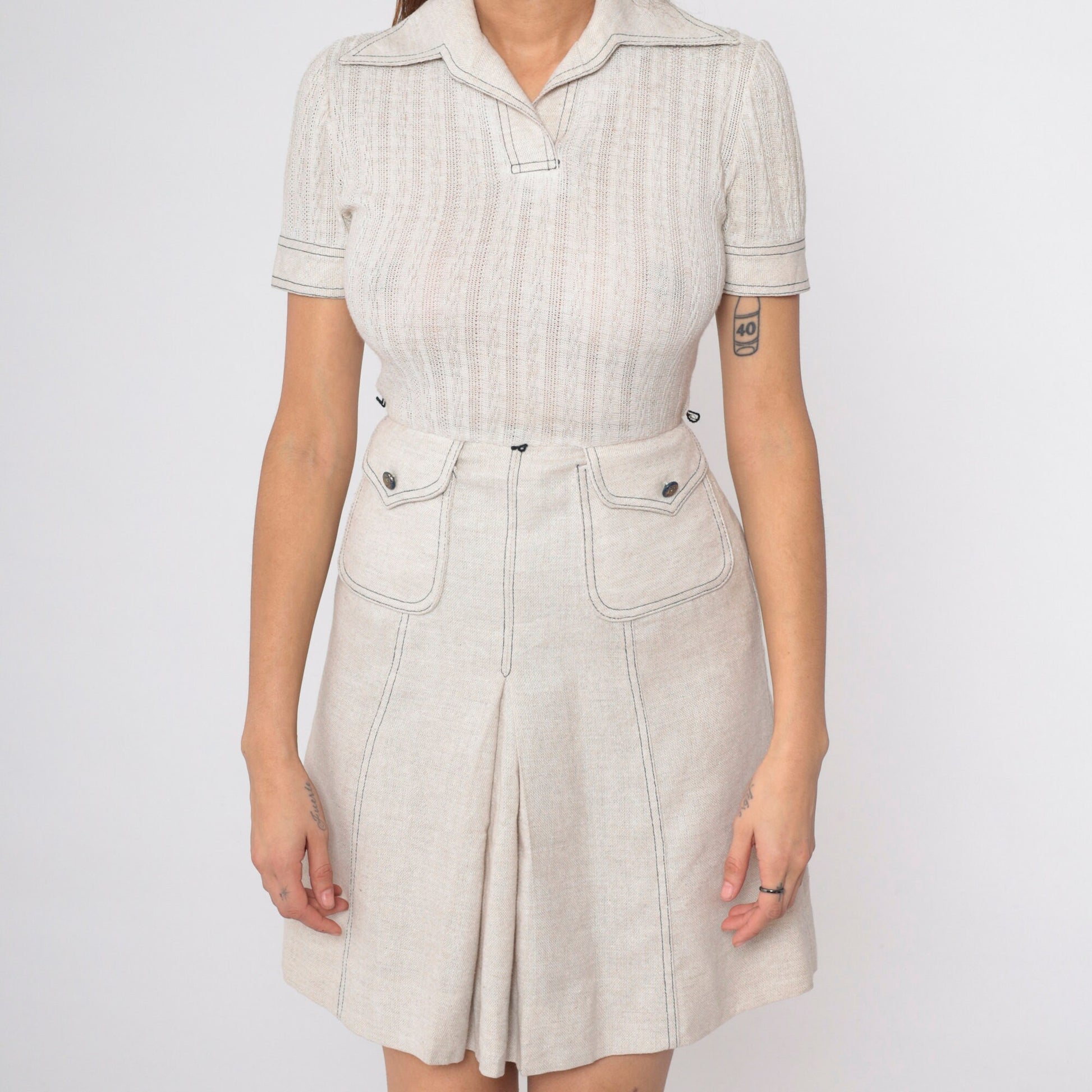 70s Peck & Peak Mini Dress Light Beige Cable Knit High Waist Small