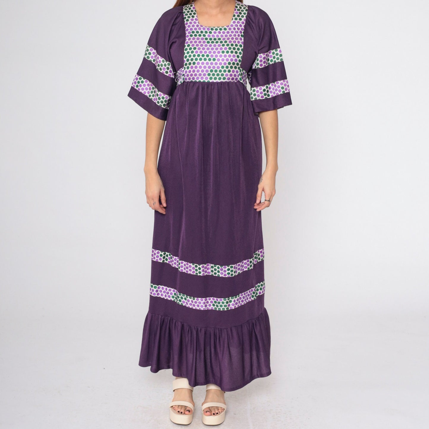 70s Deep Purple Polka Dot Maxi Dress Wide Sleeve Empire Waist Small