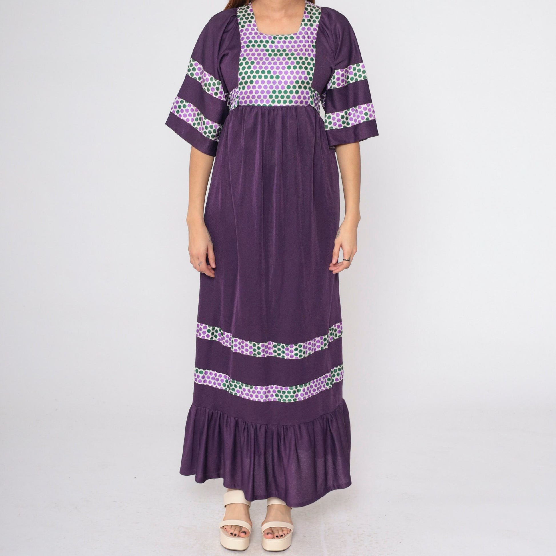 70s Deep Purple Polka Dot Maxi Dress Wide Sleeve Empire Waist Small