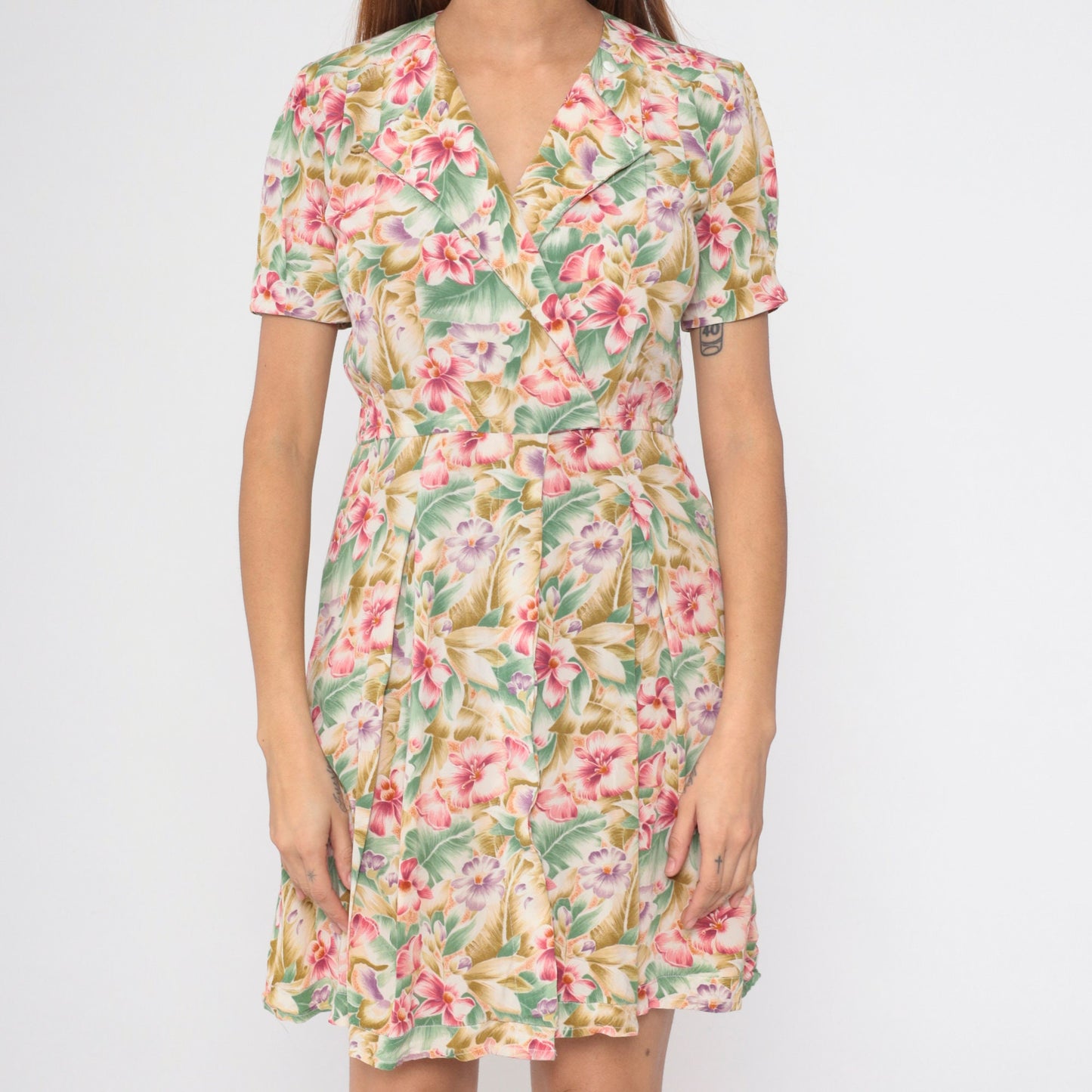 90s Liz Claiborne Tropical Floral Mini Dress Surplice Neckline Small