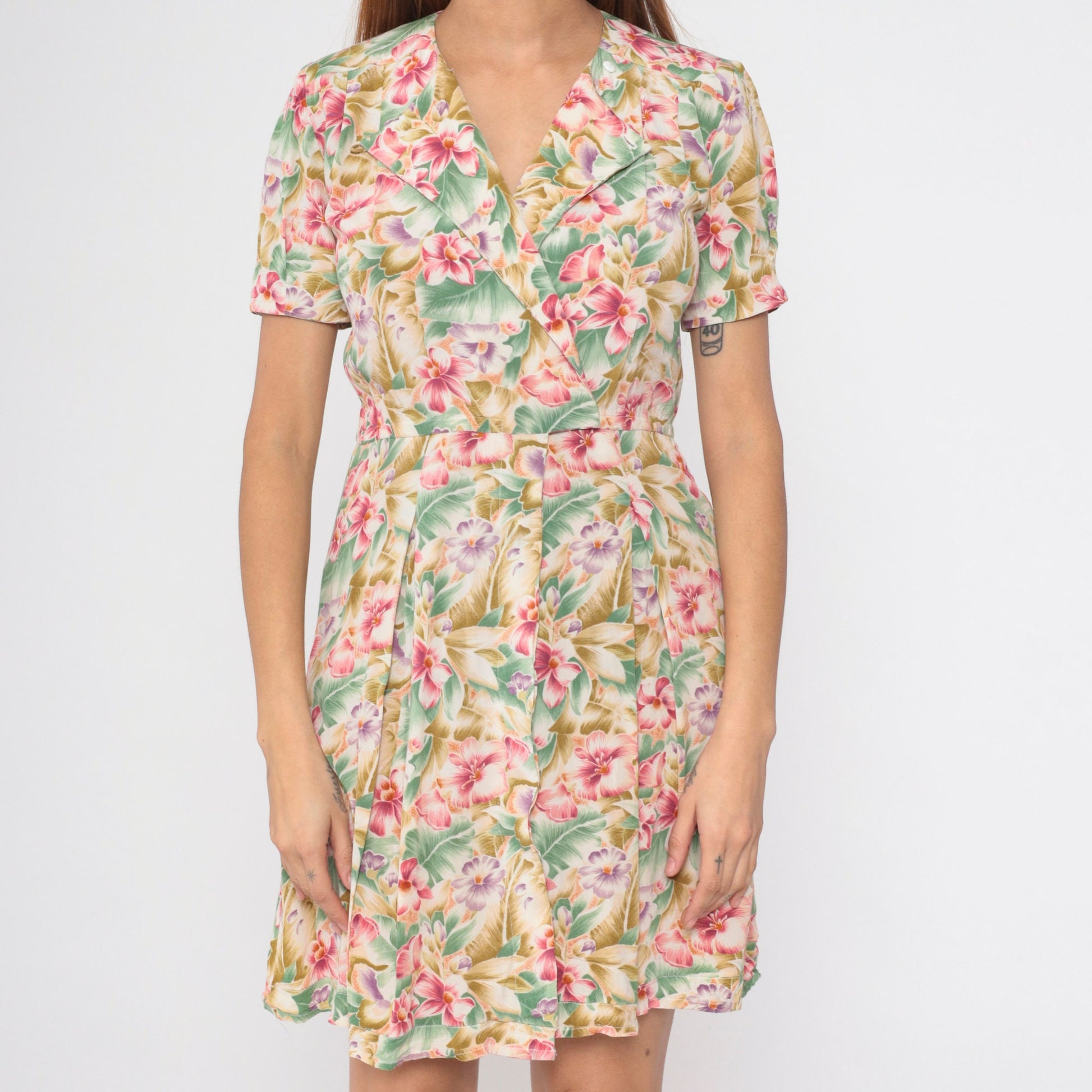 90s Liz Claiborne Tropical Floral Mini Dress Surplice Neckline Small