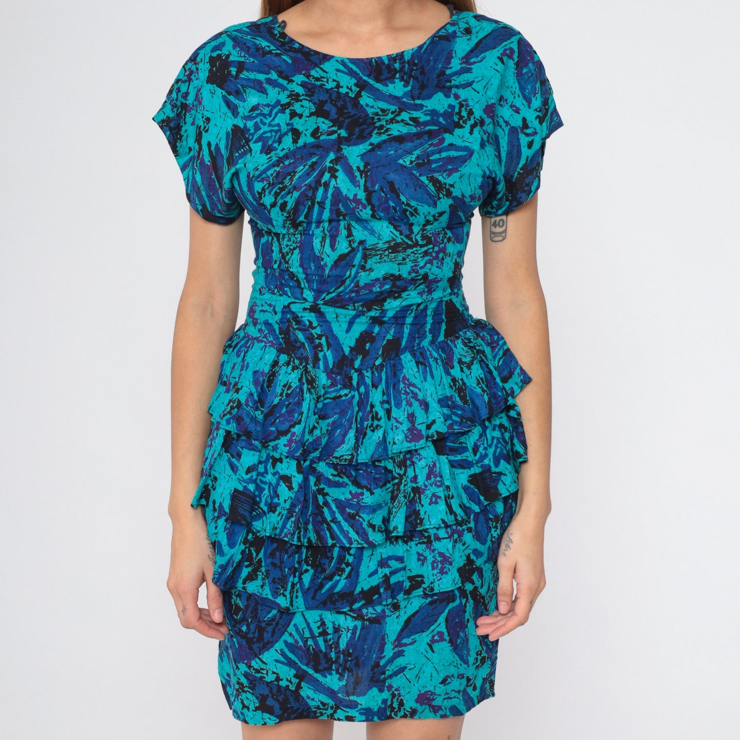 80s Turquoise Abstract Floral Peplum Mini Dress Dolman Sleeve Extra Small