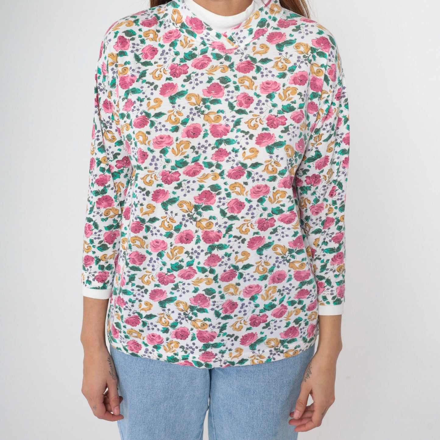 90s Floral Mock Neck Shirt White Pink Rose Print Long Sleeve Blouse Medium