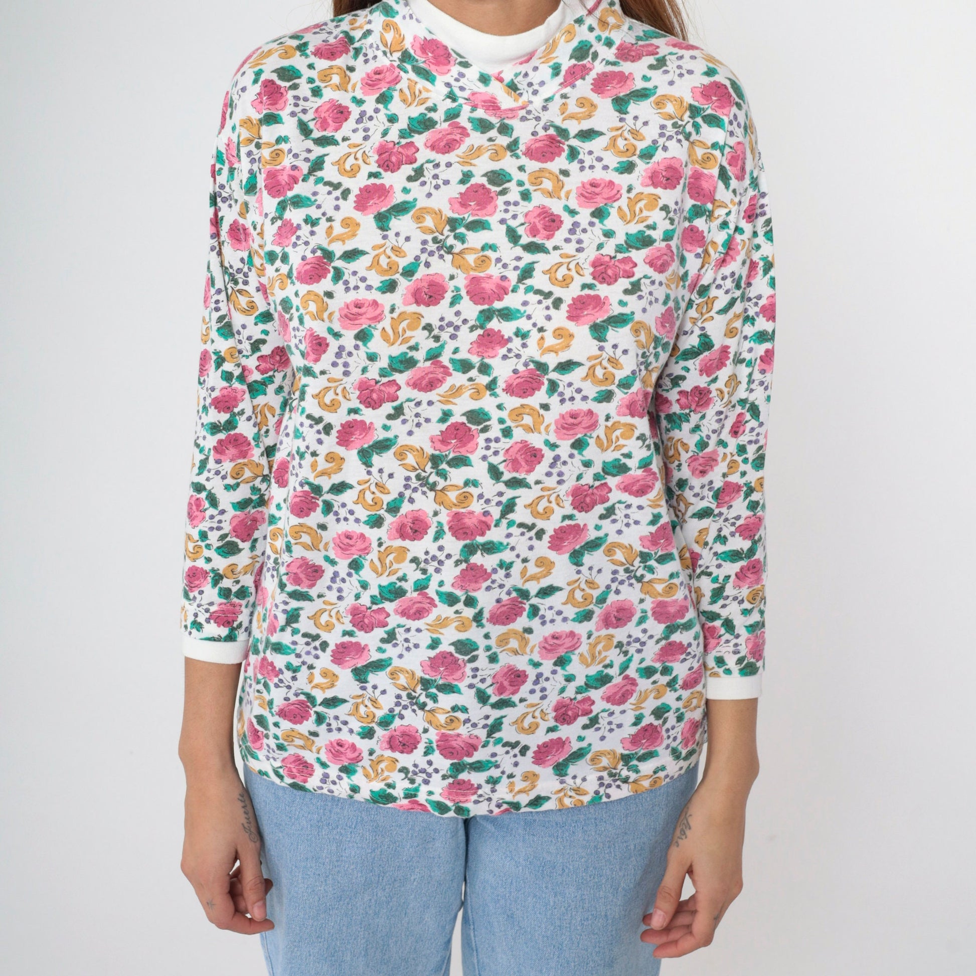 90s Floral Mock Neck Shirt White Pink Rose Print Long Sleeve Blouse Medium