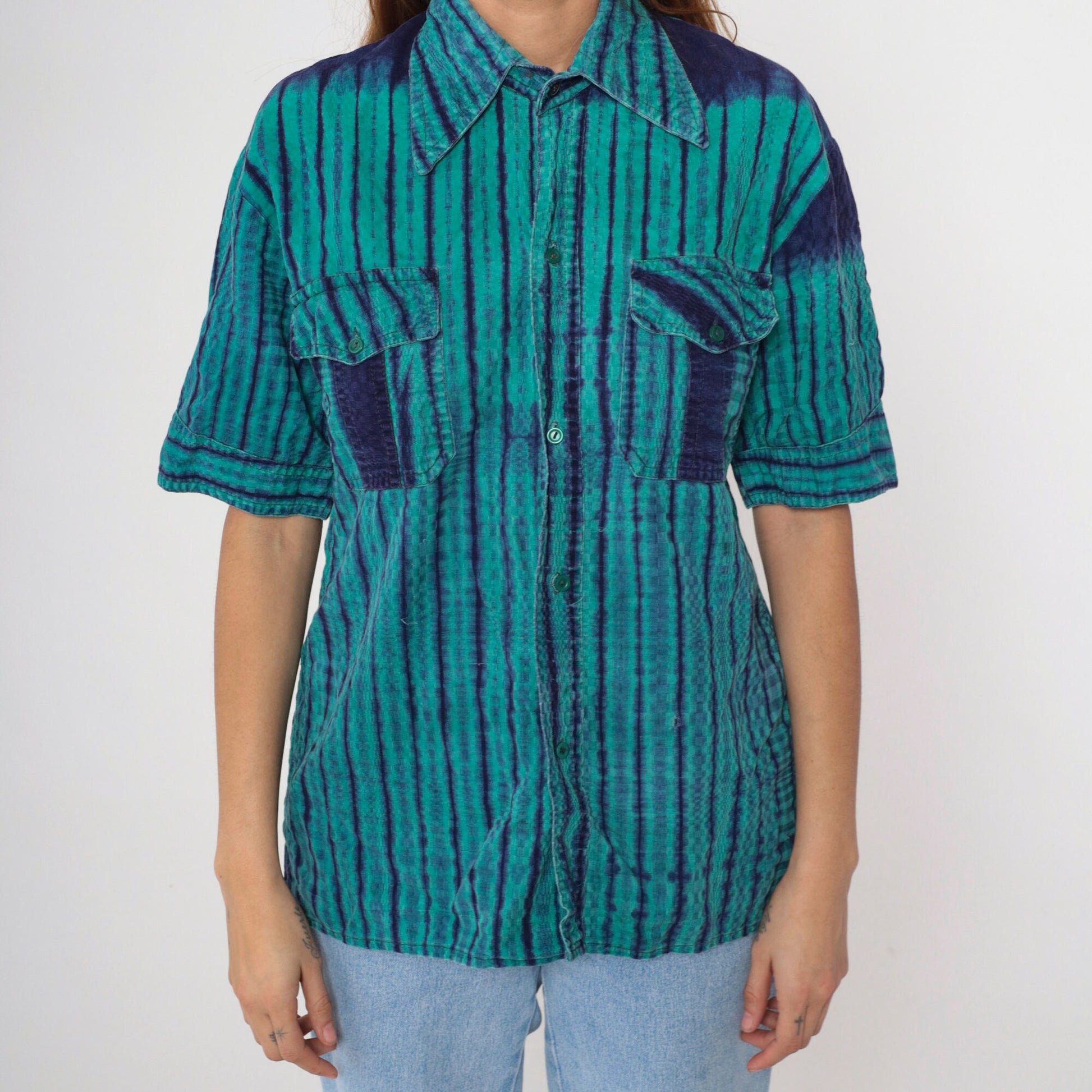 90s Ikat Striped Button-Up Shirt Green Indigo Oxford Short Sleeve Small