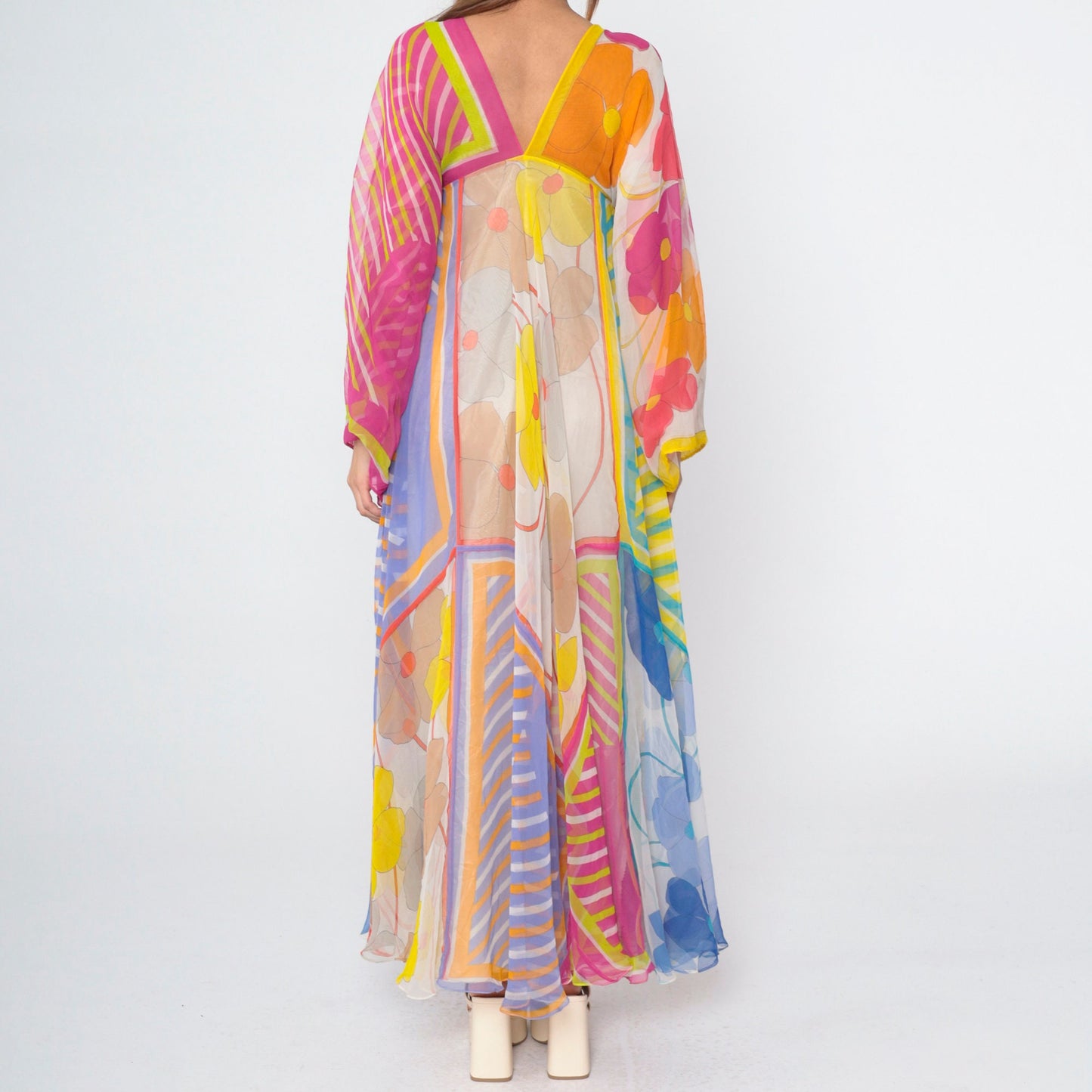 70s La Vetta Beverly Hills Floral Maxi Dress Deep V Empire Waist Kimono Sleeve Small
