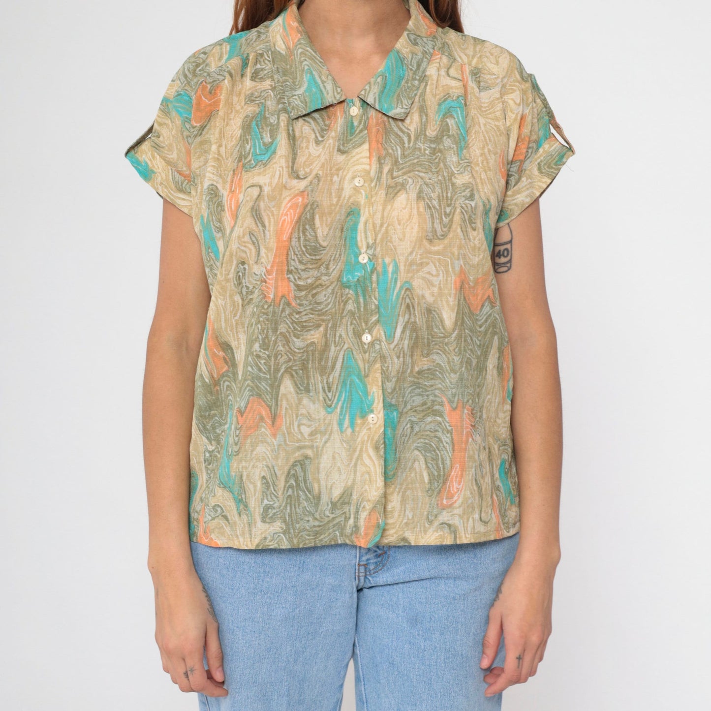 90s Marble Print Button Up Shirt Psychedelic Turquoise Tan Orange Large