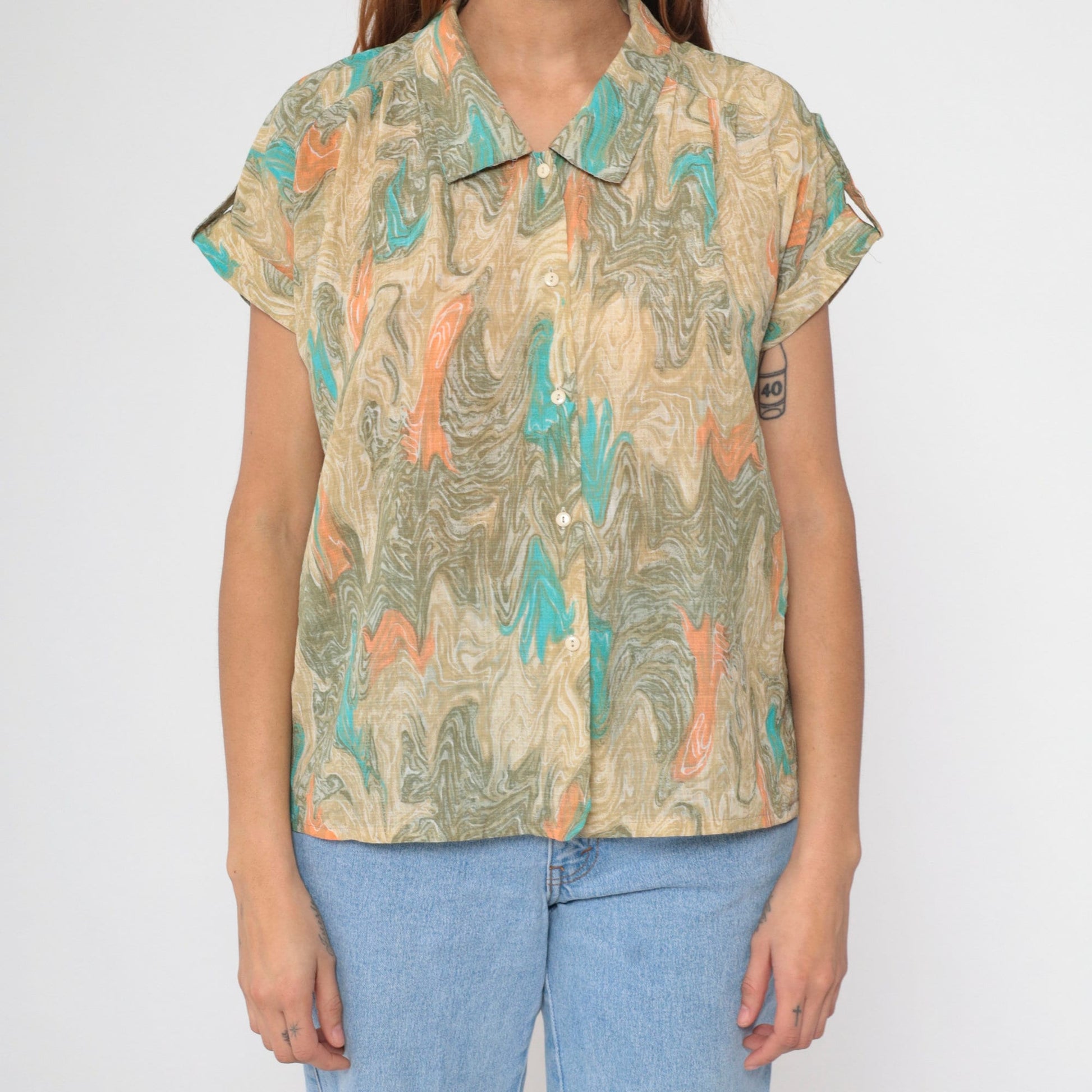 90s Marble Print Button Up Shirt Psychedelic Turquoise Tan Orange Large