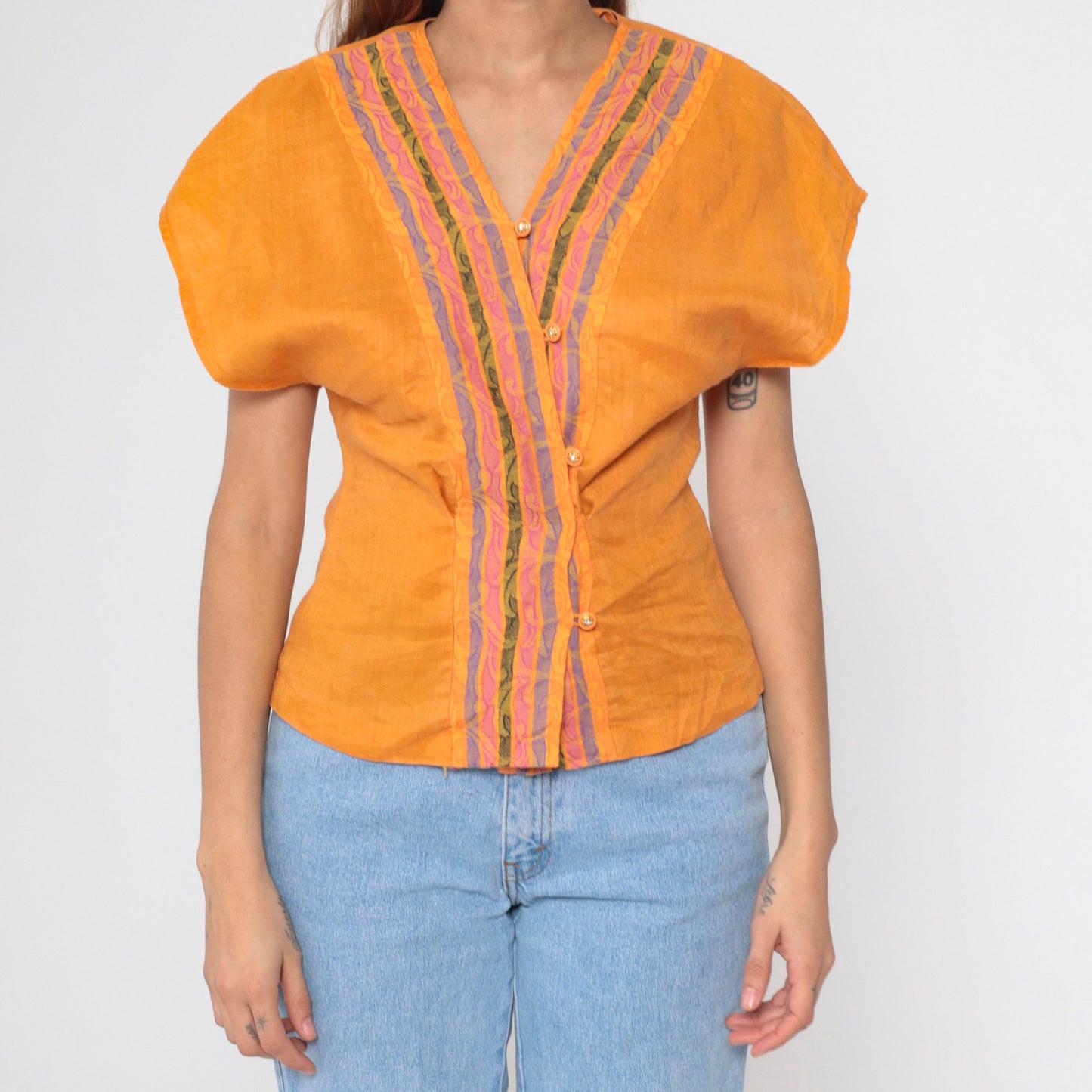 00s Orange Rococo Striped Button-Up Blouse Rhinestone Dolman Sleeve V-Neck Extra Small