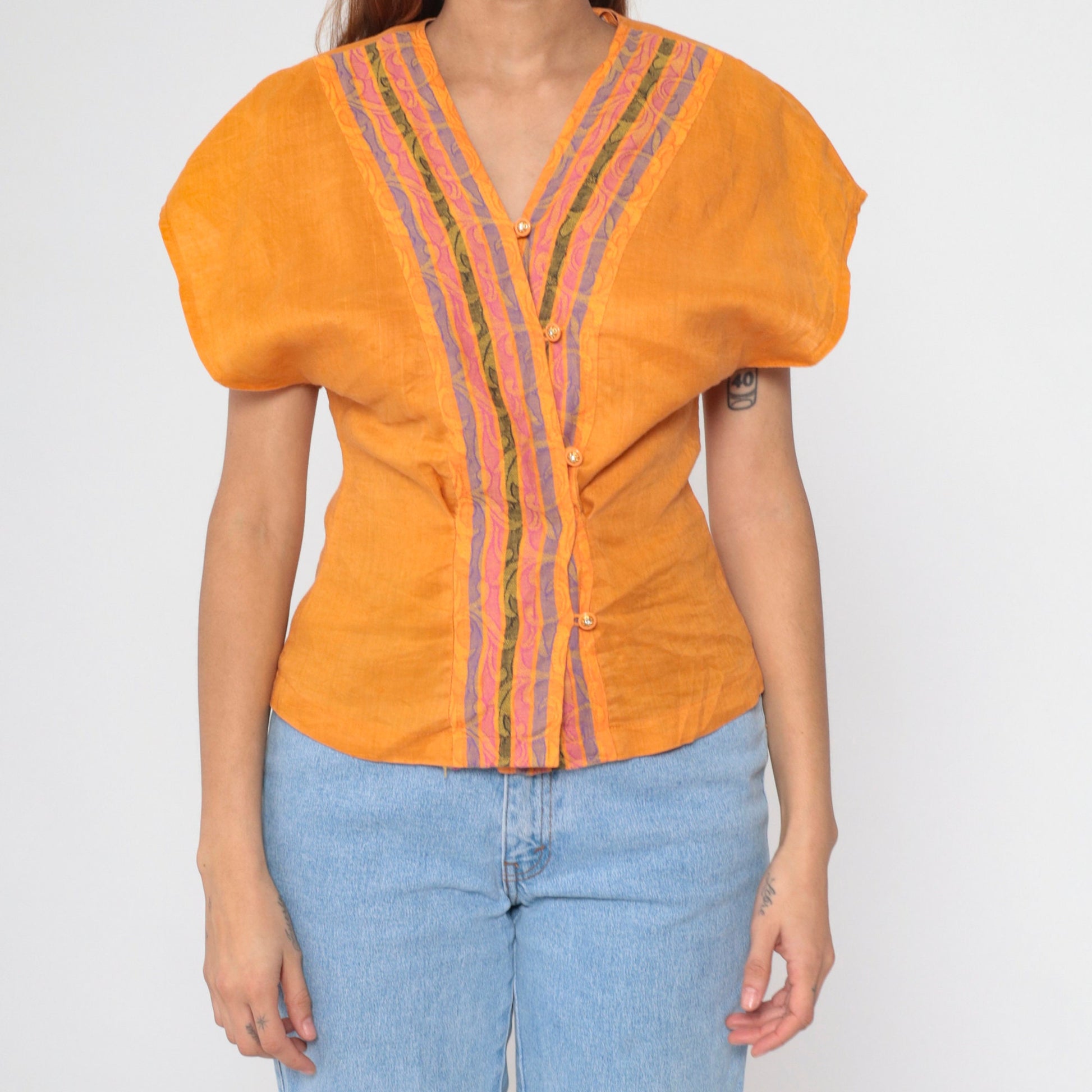 00s Orange Rococo Striped Button-Up Blouse Rhinestone Dolman Sleeve V-Neck Extra Small