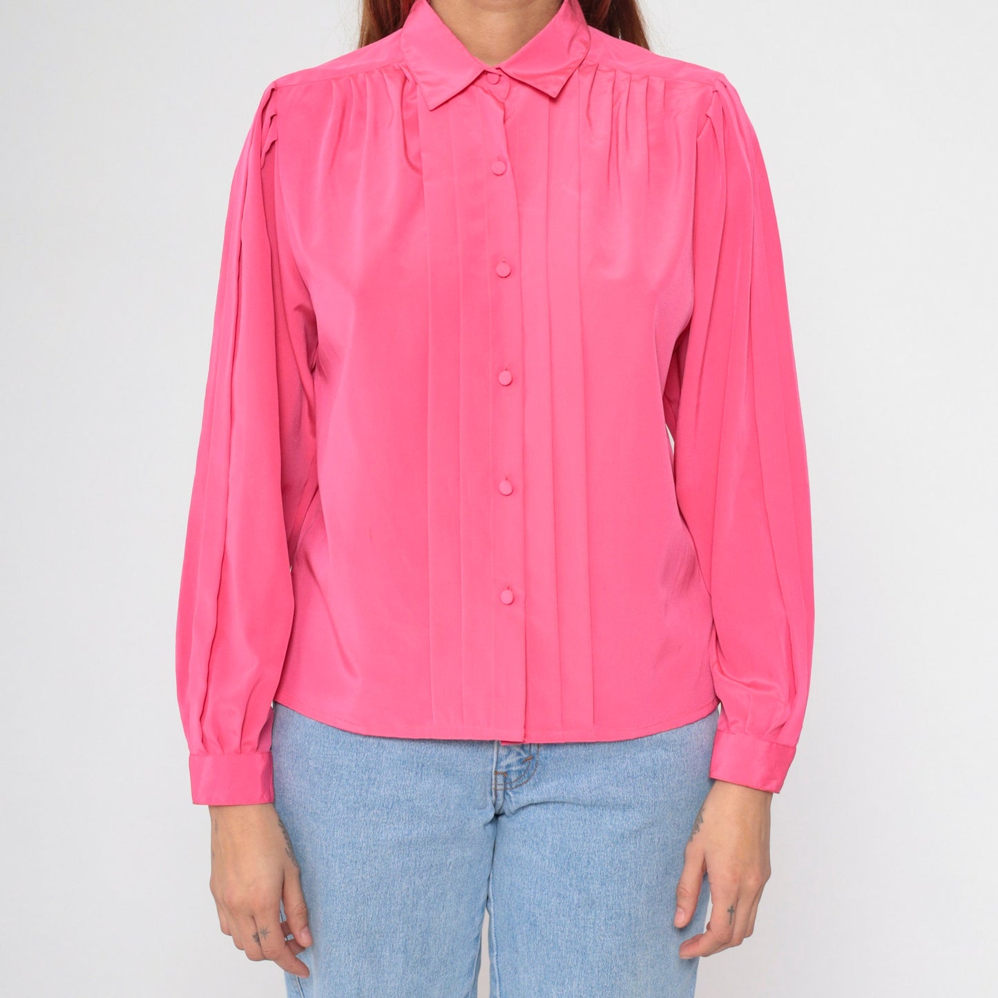 90s Hot Pink Puff Sleeve Blouse Pleated Button-Up Collared Shirt Medium Petite