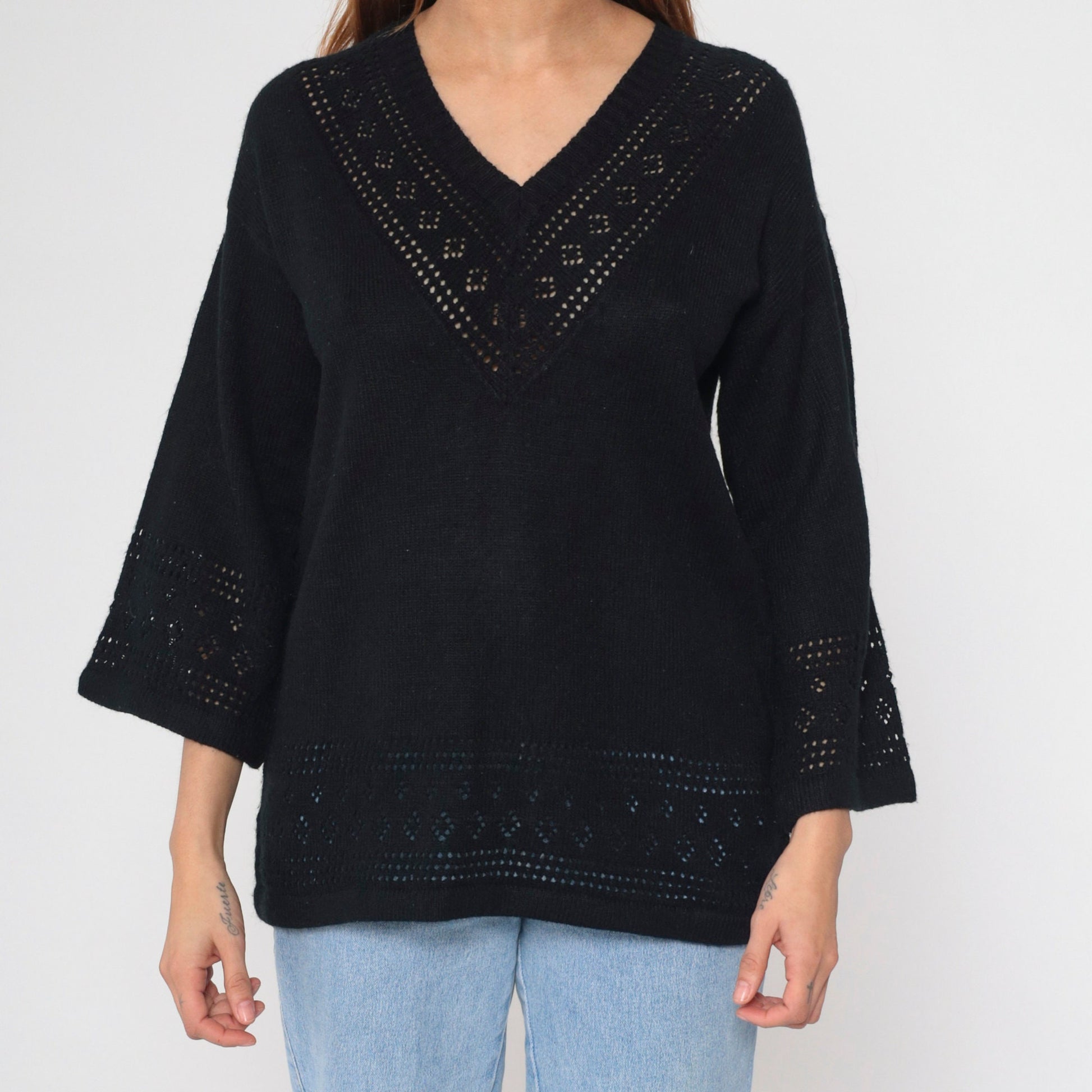 80s Black Cutwork Sweater Bell Sleeve V Neck Knit Pullover Large L