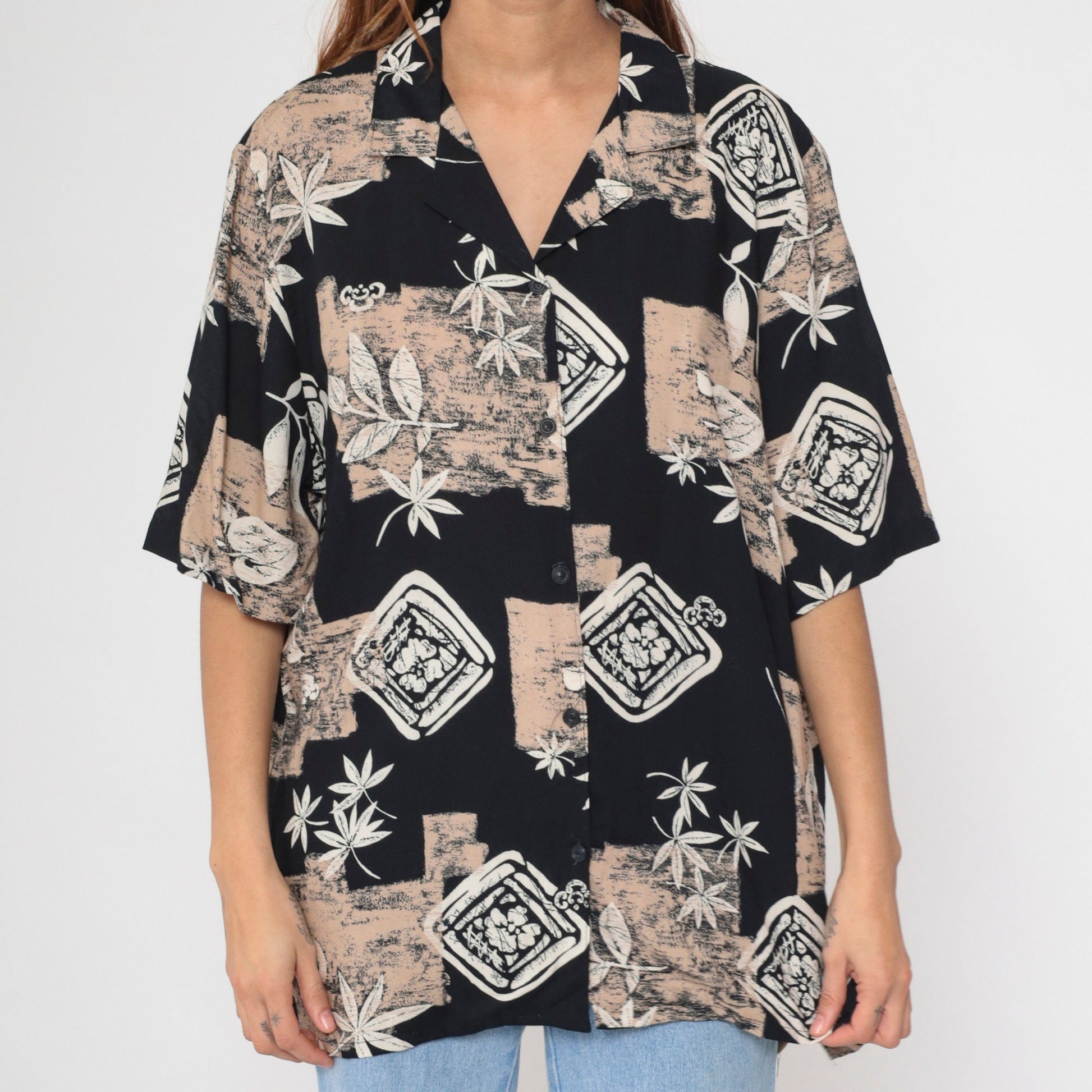 90s Alfred Dunner Button Up Blouse Leaf Floral Print Black Tan XXL