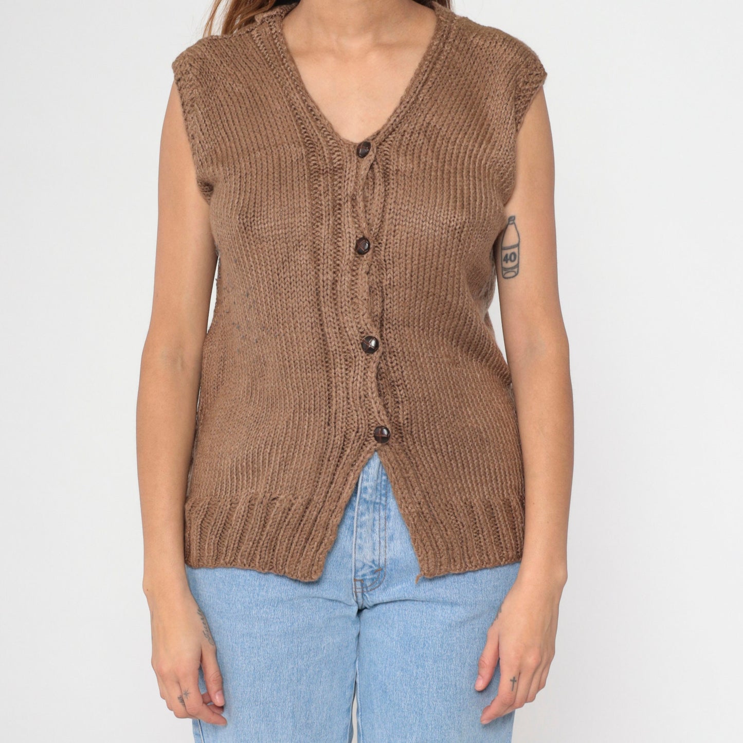 80s Brown Knit Button-Up Vest Medium M