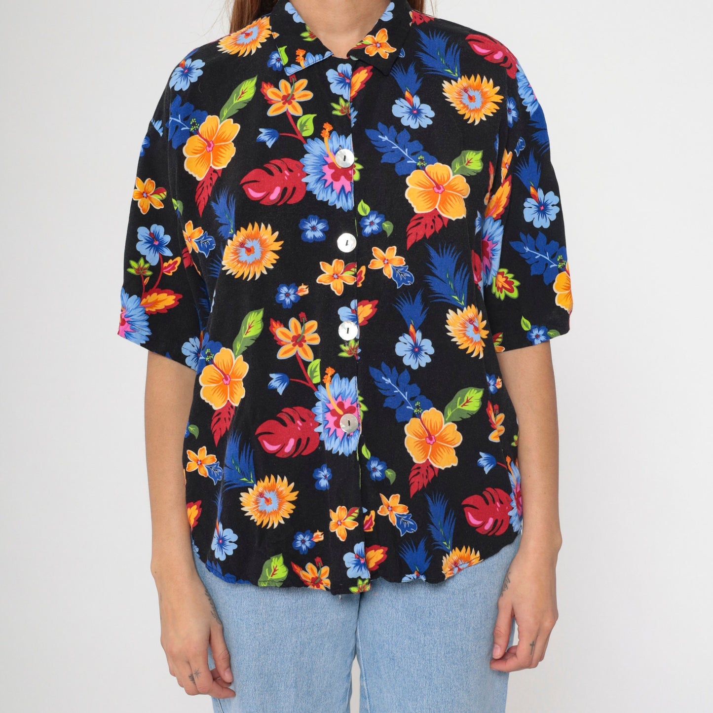 90s Tropical Floral Black Button Up Blouse Short Sleeve Extra Large XXL