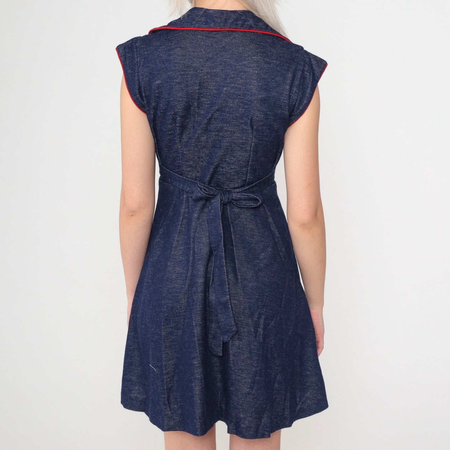 70s Dark Blue Mini Dress Cap Sleeve High Waist Button Up Flared Shirtdress Extra Small