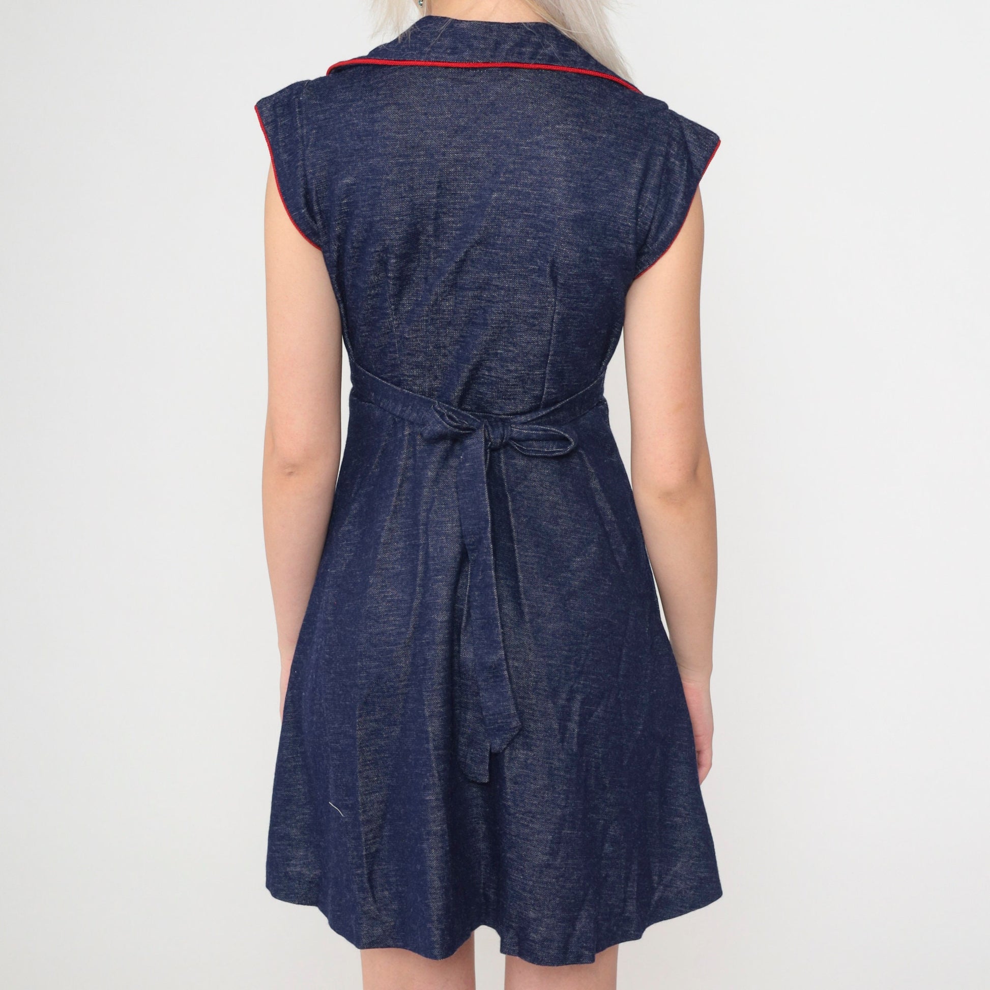 70s Dark Blue Mini Dress Cap Sleeve High Waist Button Up Flared Shirtdress Extra Small