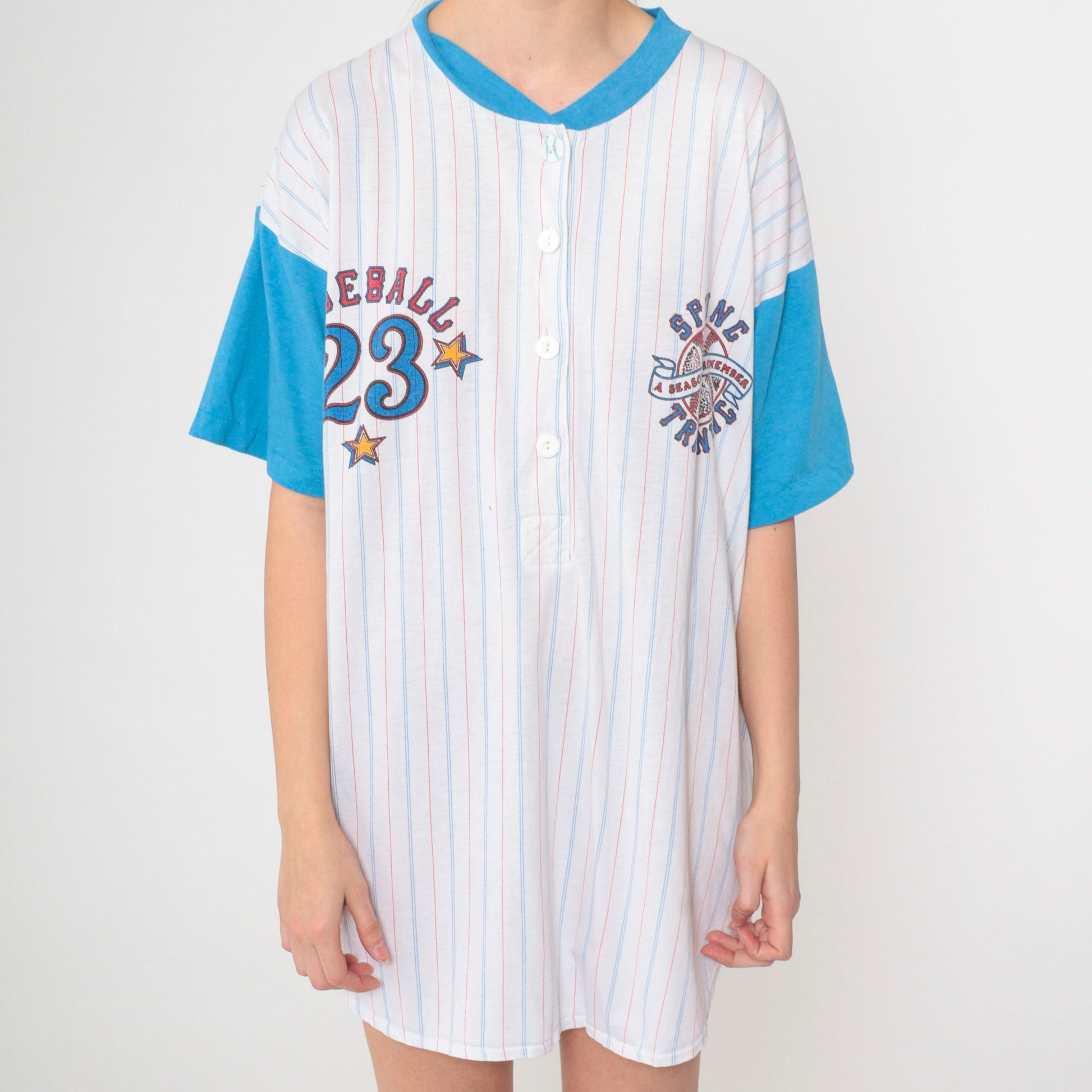 90s Baseball 23 Spring Training Pajama Dress White Mini Henley Small-Large