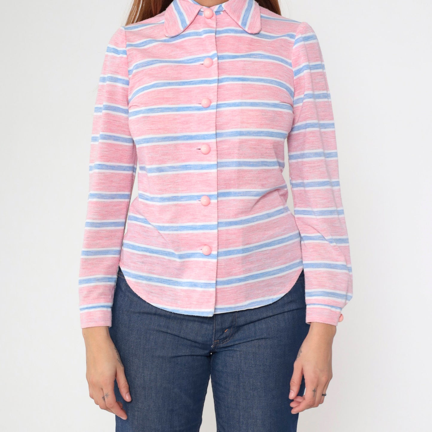 70s Pink Striped Shirt Dog Ear Collar Long Sleeve Button Up Small