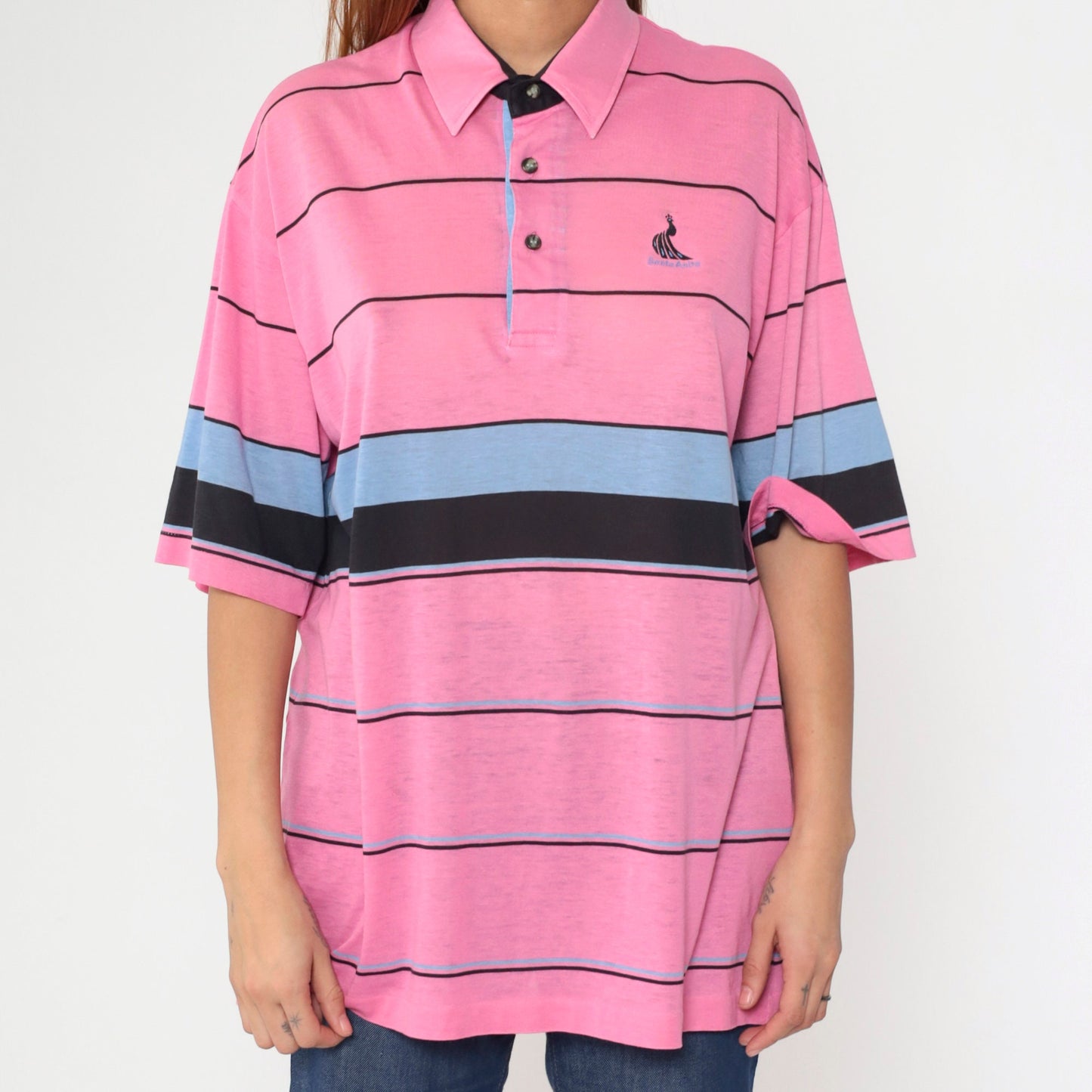 80s Santa Anita Park Peacock Polo Shirt Pink Striped Button Up Extra Large XL