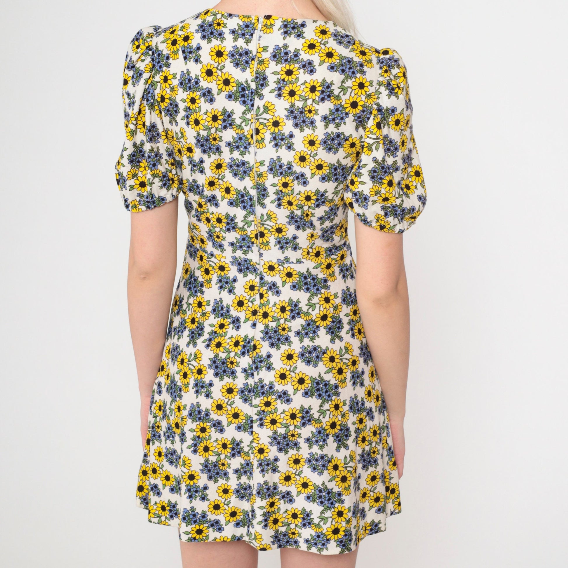 70s Floral Puff Sleeve Mini Dress Empire Waist Sunflower Print Extra Small