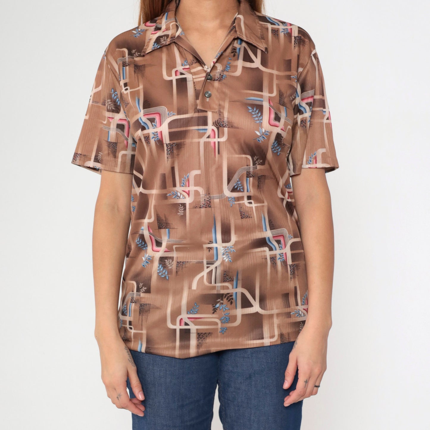 70s Geometric Psychedelic Polo Shirt Brown Dagger Collar Men's Medium Large