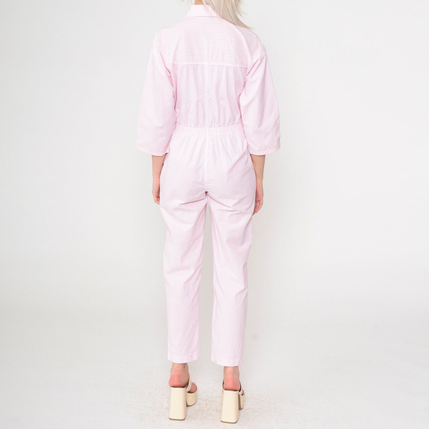 80s Ideas Pink White Striped Jumpsuit High Waisted Tapered Small
