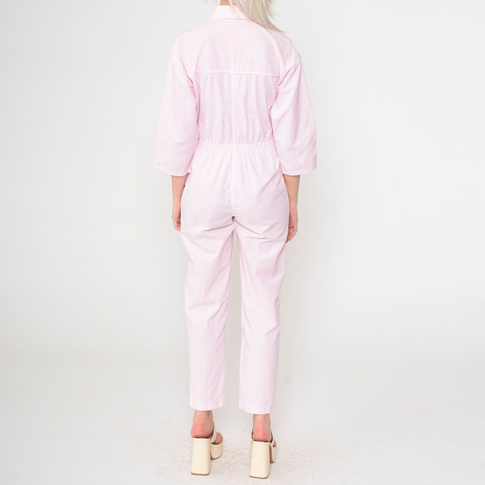 80s Ideas Pink White Striped Jumpsuit High Waisted Tapered Small