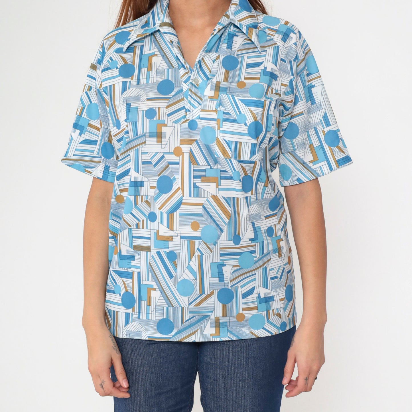 70s Lily Daché Psychedelic Geometric Dagger Collar Shirt Blue Medium