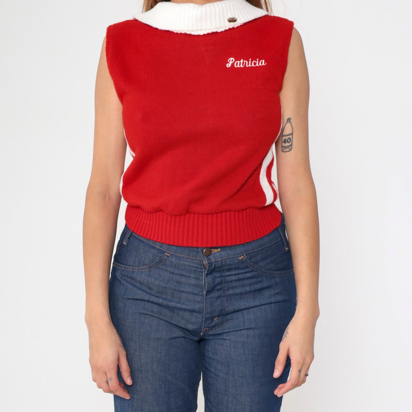 80s USA Drill Team Sweater Red Knit White Stripe Patricia Cheer Top Small