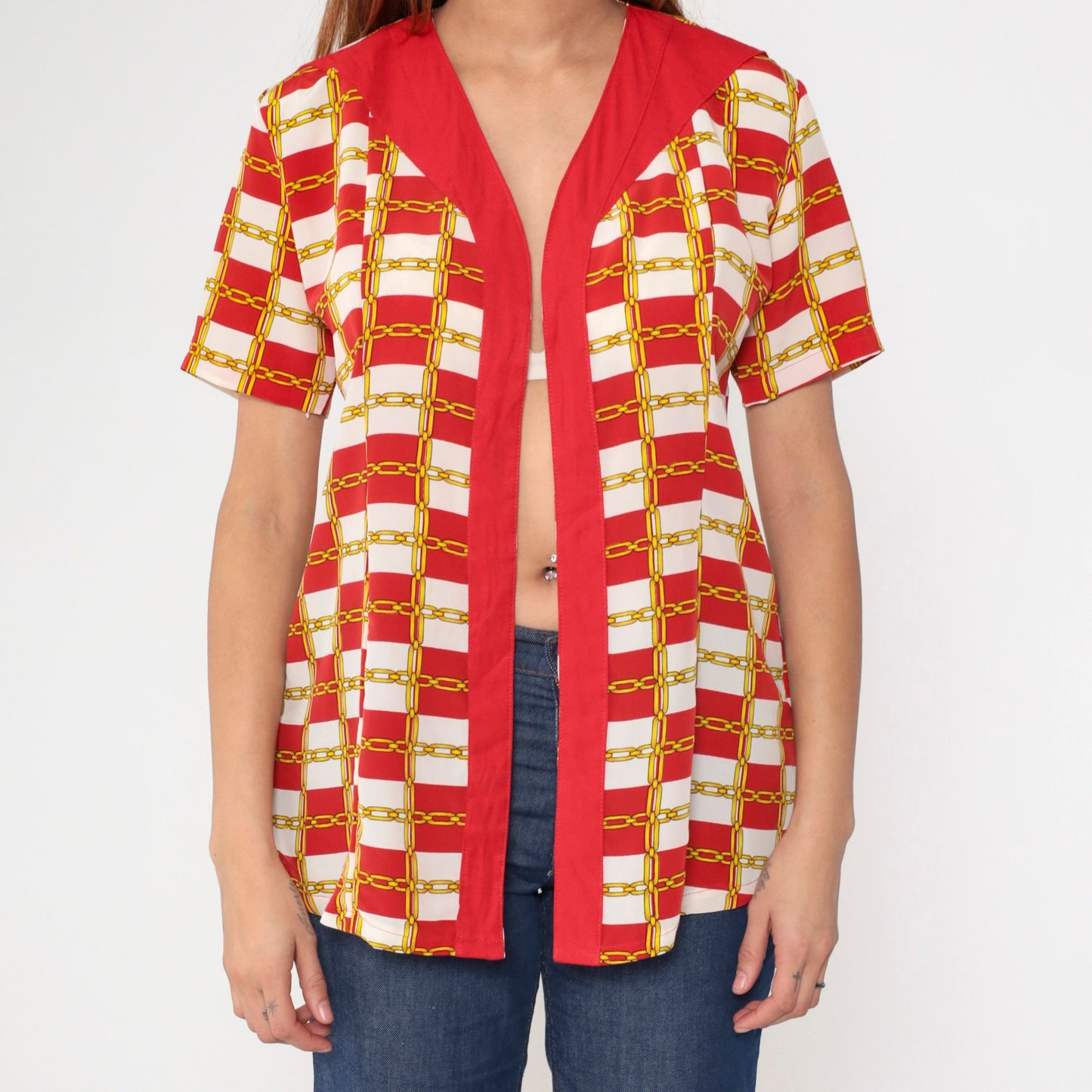 80s Chain-Link Red White Checkered Open Front Blouse Short Sleeve Small Medium