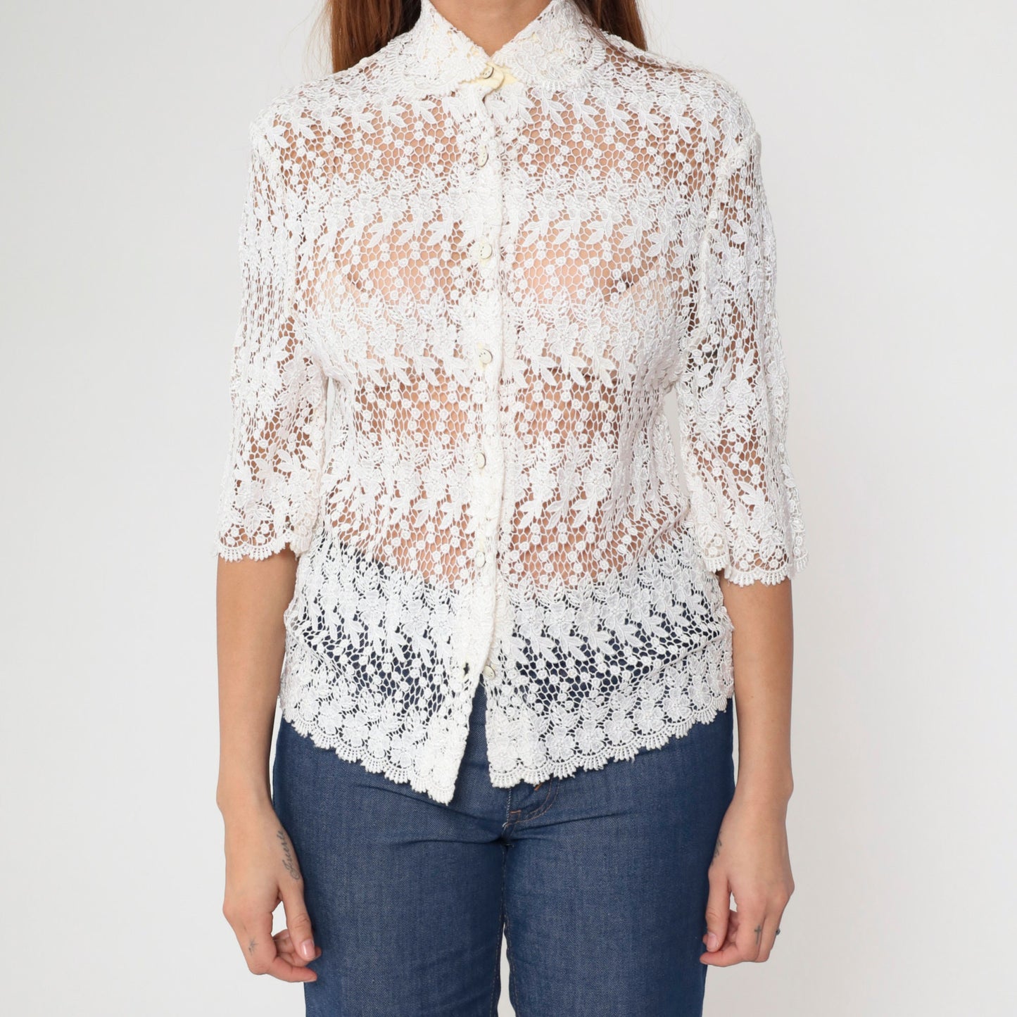 80s White Lace Blouse Peter Pan Collar Button-Up 3/4 Sleeve Small