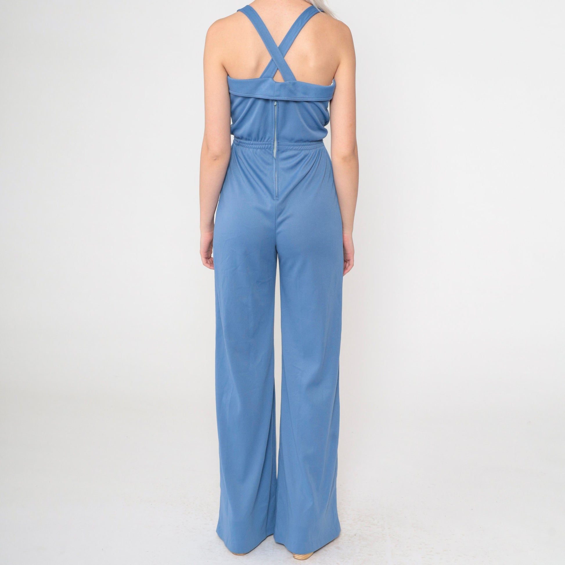 70s Blue Lace-Up Jumpsuit Bell Bottom Tank Straps Criss-Cross Extra Small