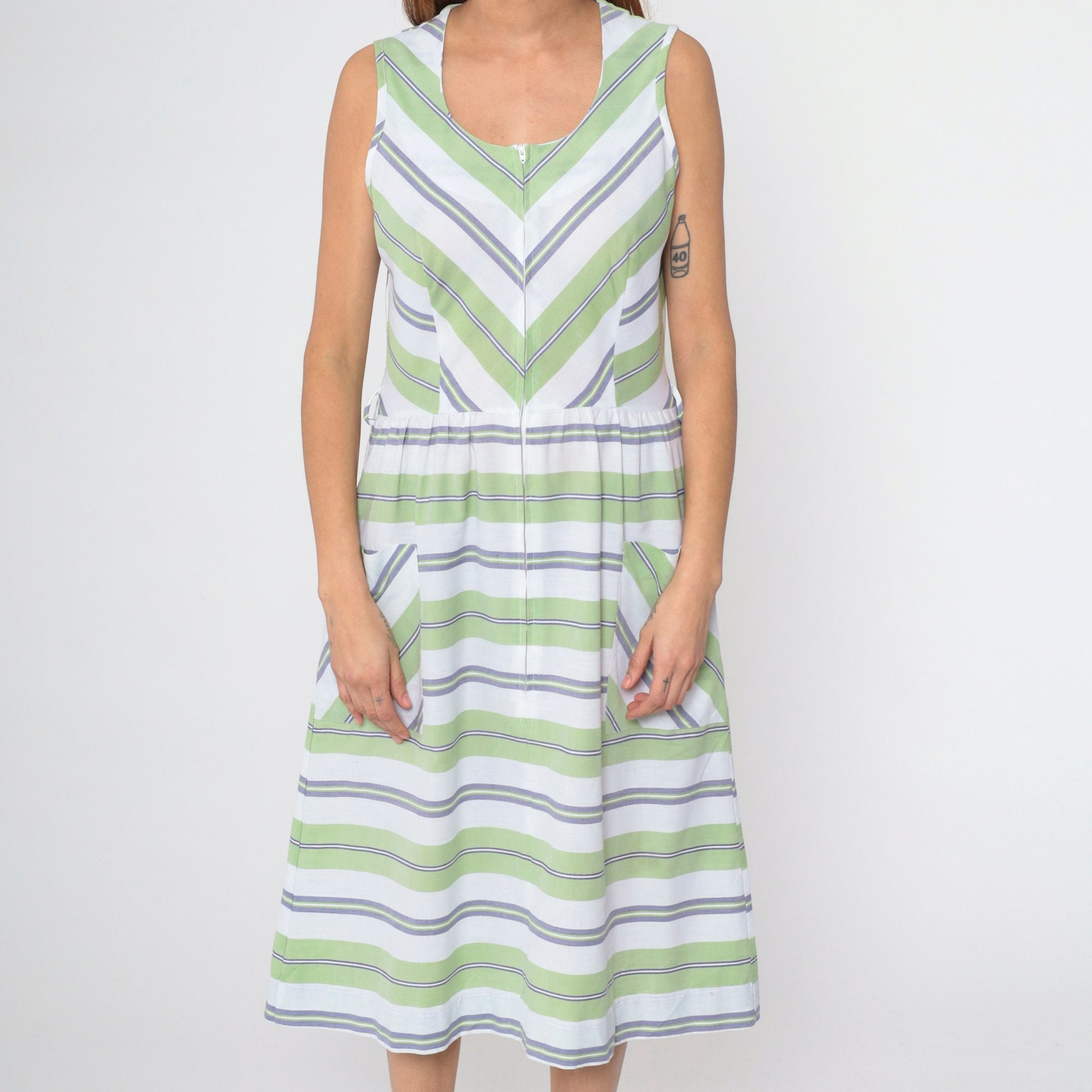 70s Mod Shift Dress Green White Chevron Striped Midi Front Zip Small Medium