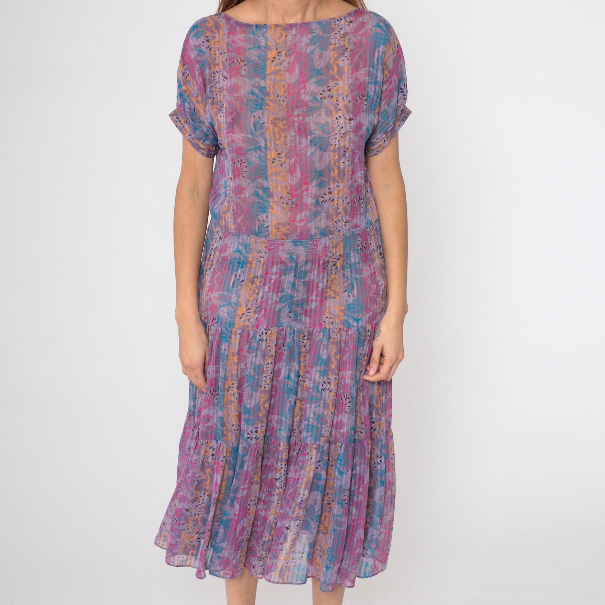 80s Floral Abstract Striped Midi Dress Drop Waist Tiered Short Sleeve Purple Small