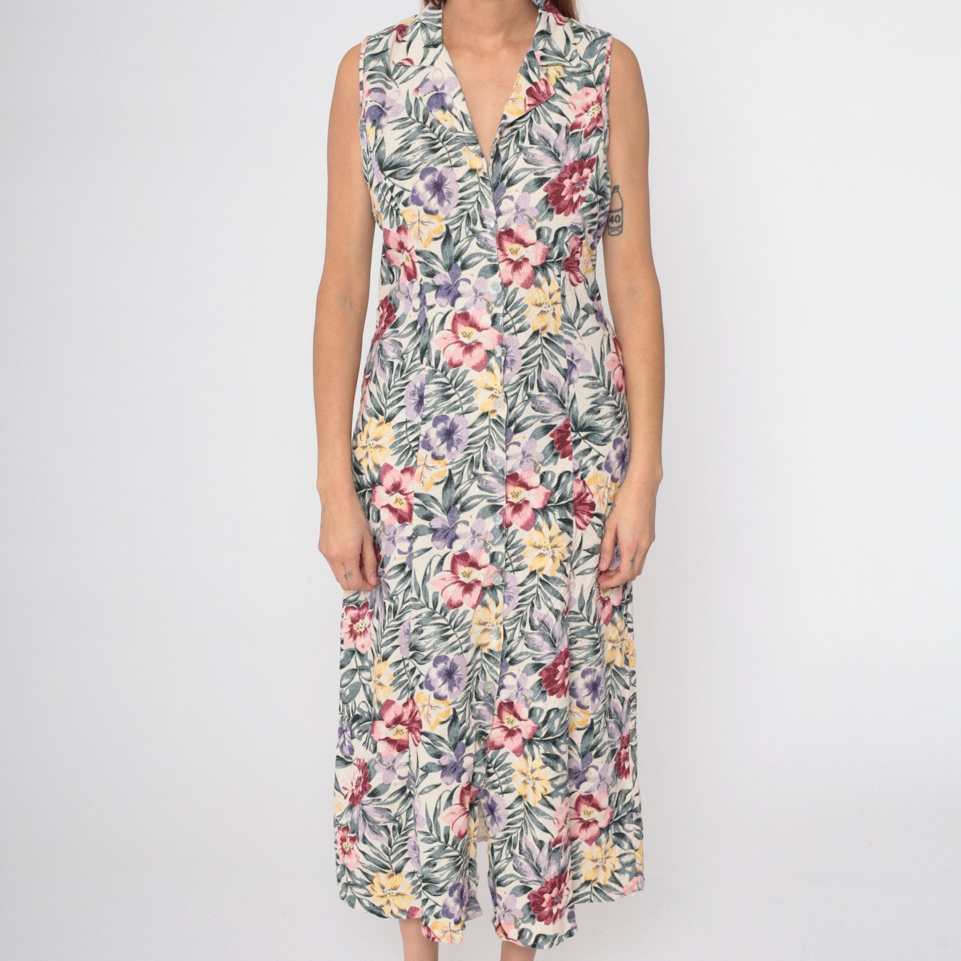 90s O'Kief Silk Floral Midi Dress Tropical Print Off-White Sleeveless Medium
