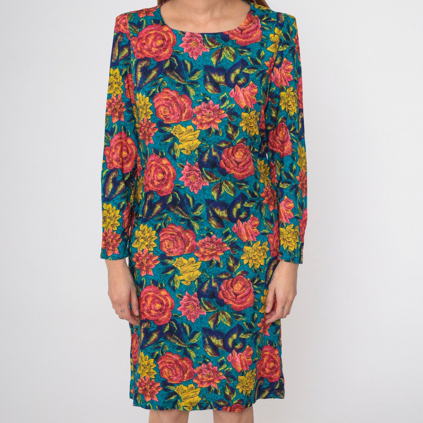 80s Floral Rose Print Midi Dress Puff Sleeve Sheath Pink Blue Small