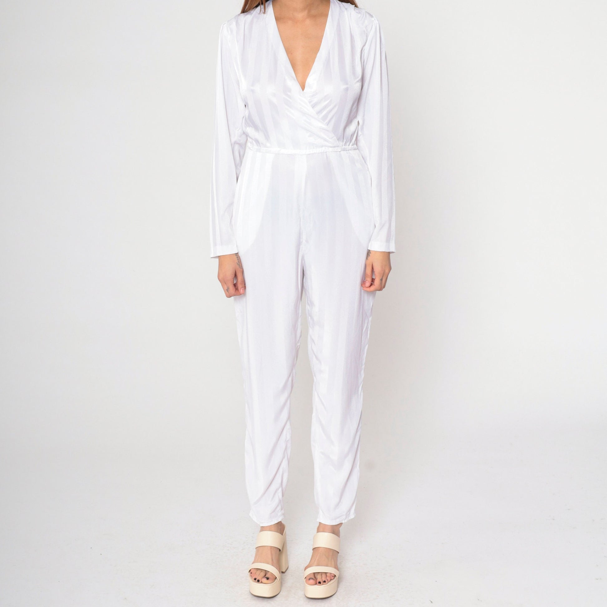 80s White Striped Puff Sleeve Jumpsuit V Neck Tapered Pantsuit Small S