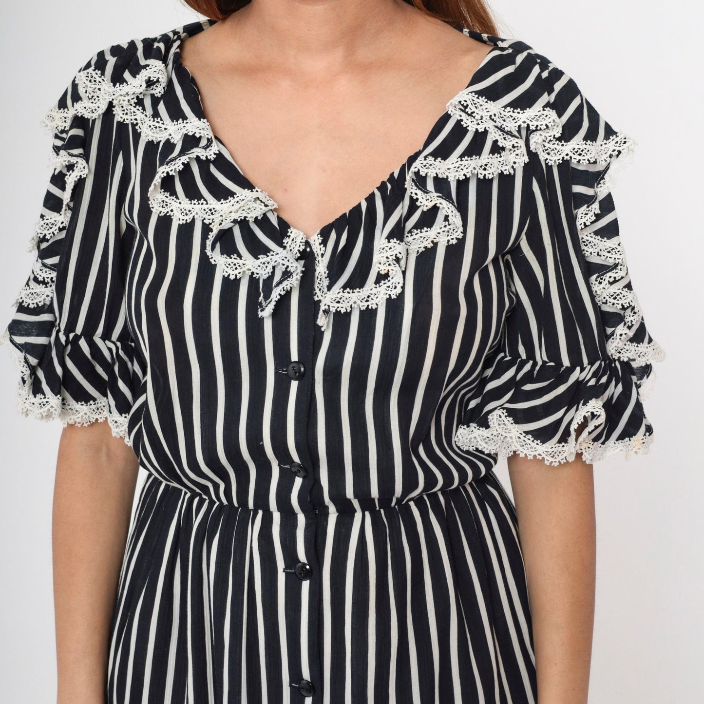 70s Mollie Parnis Black White Striped Midi Dress Button Up Lace Ruffle Small