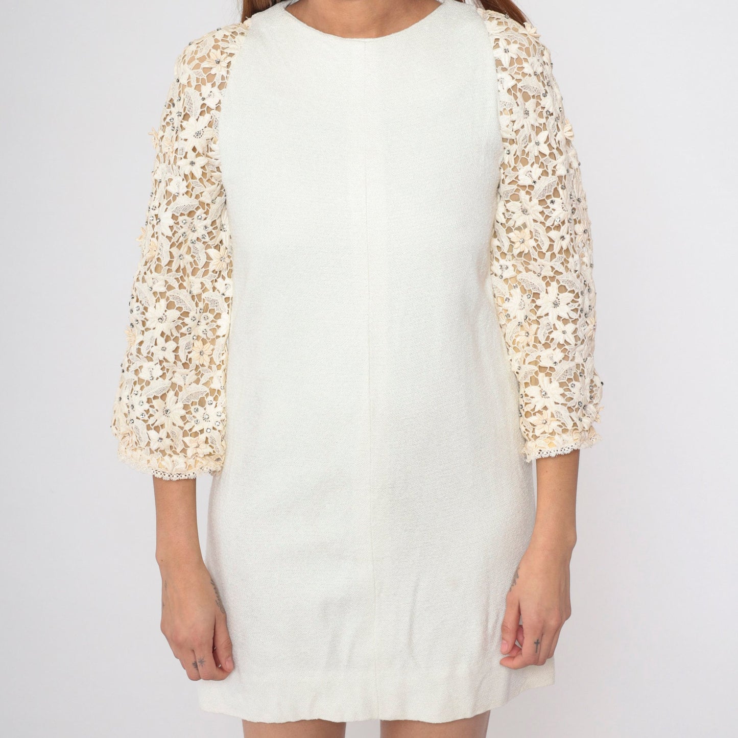 60s White Lace Mini Dress Rhinestone 3/4 Sleeve Shift Mod Small